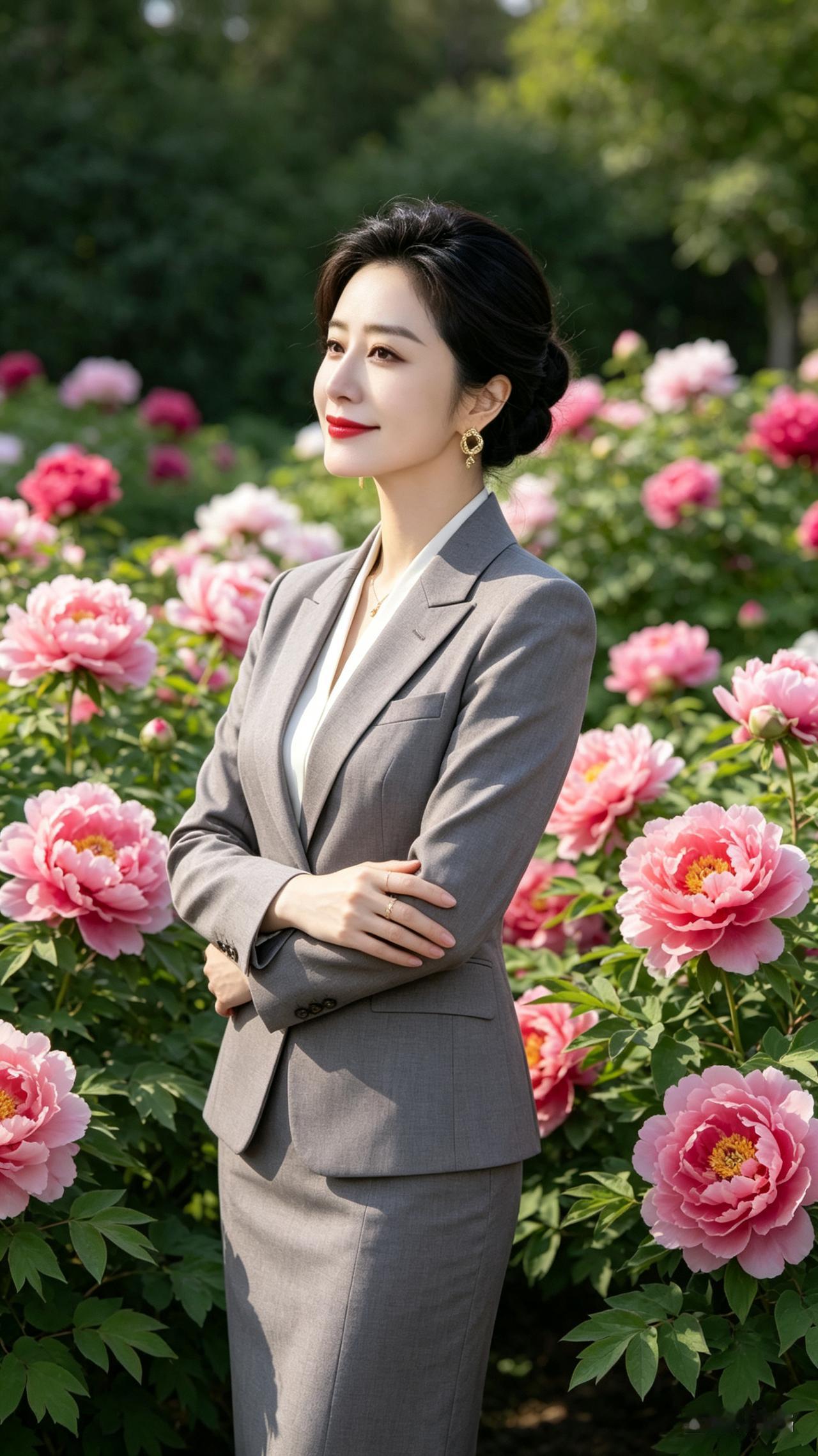 女子高盘发造型，身着简约优雅职业时装，双手交叉于身前，端庄静立从容摆拍，气质温婉