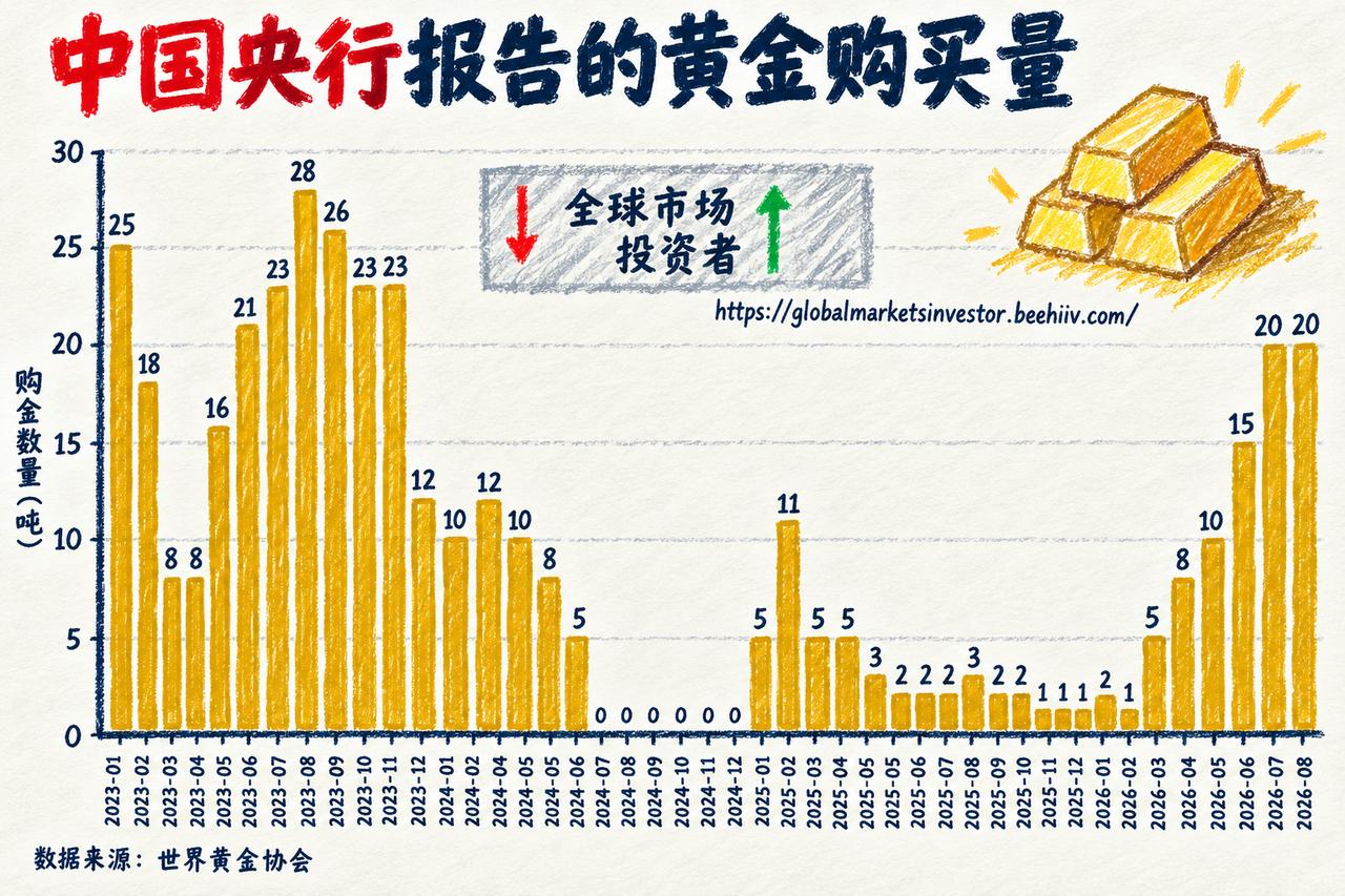 中国央行最新晒出的账单：8月份再入库20吨黄金，实现连续第22个月的狂热买买买。