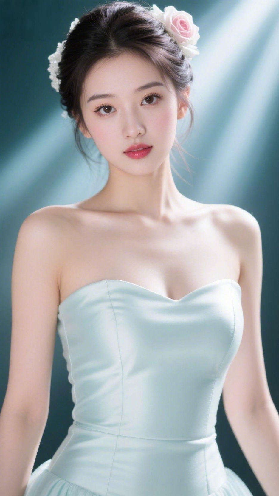 花簪浅衫遇微光
 
暖调的光束穿过深绿的背景，像把揉碎的星光铺在浅绿裙衫上。发间