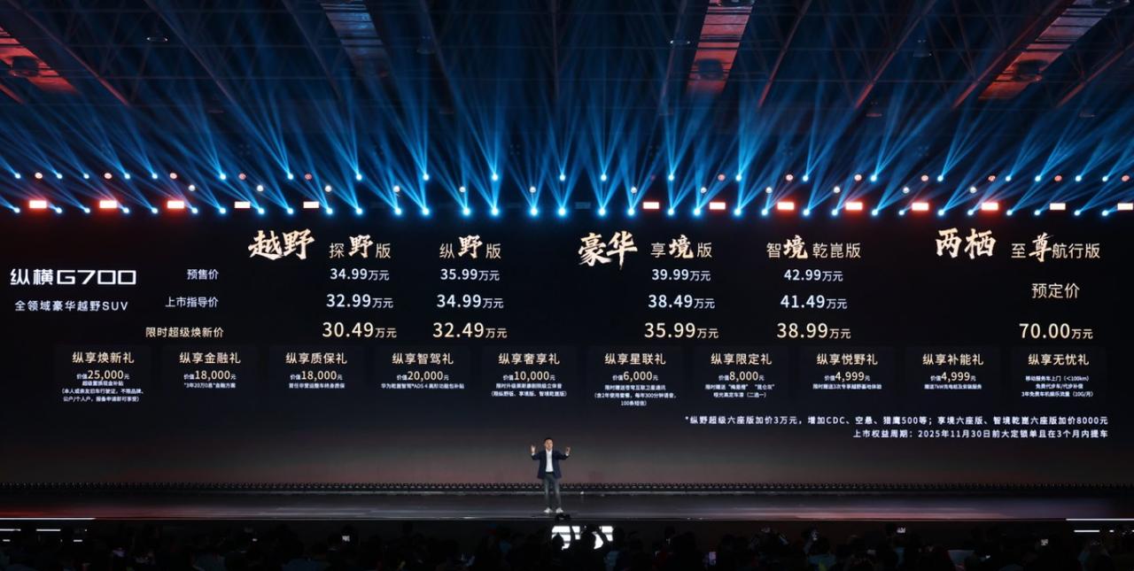 近日，捷途纵横G700正式上市，新车推出5款车型，指导价区间32.99万-41.
