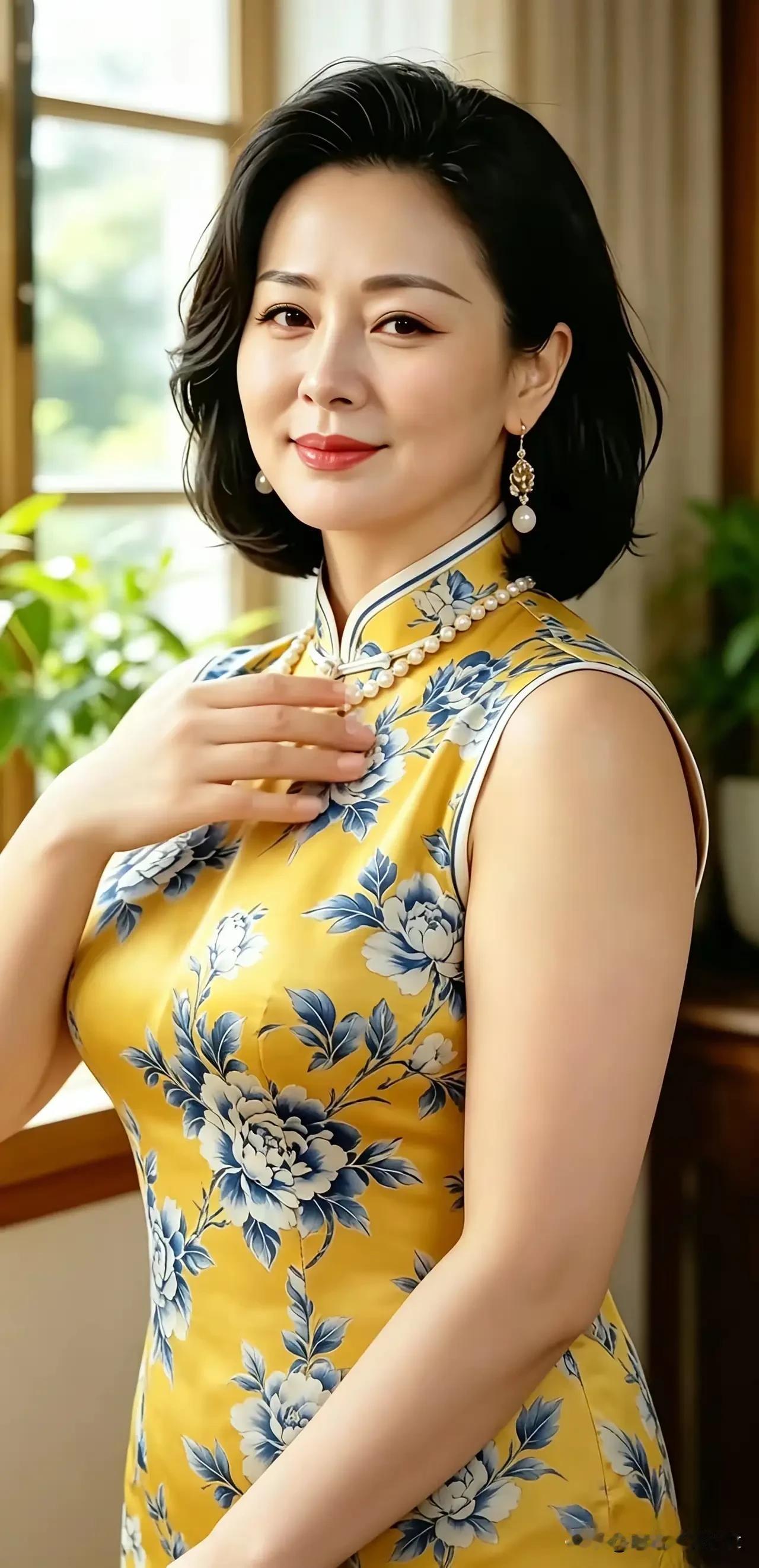 浣溪沙·岁月娇颜
 
锦缎黄裳绘牡丹，珠环轻绕衬清颜。窗前浅笑自安闲。
历尽尘霜
