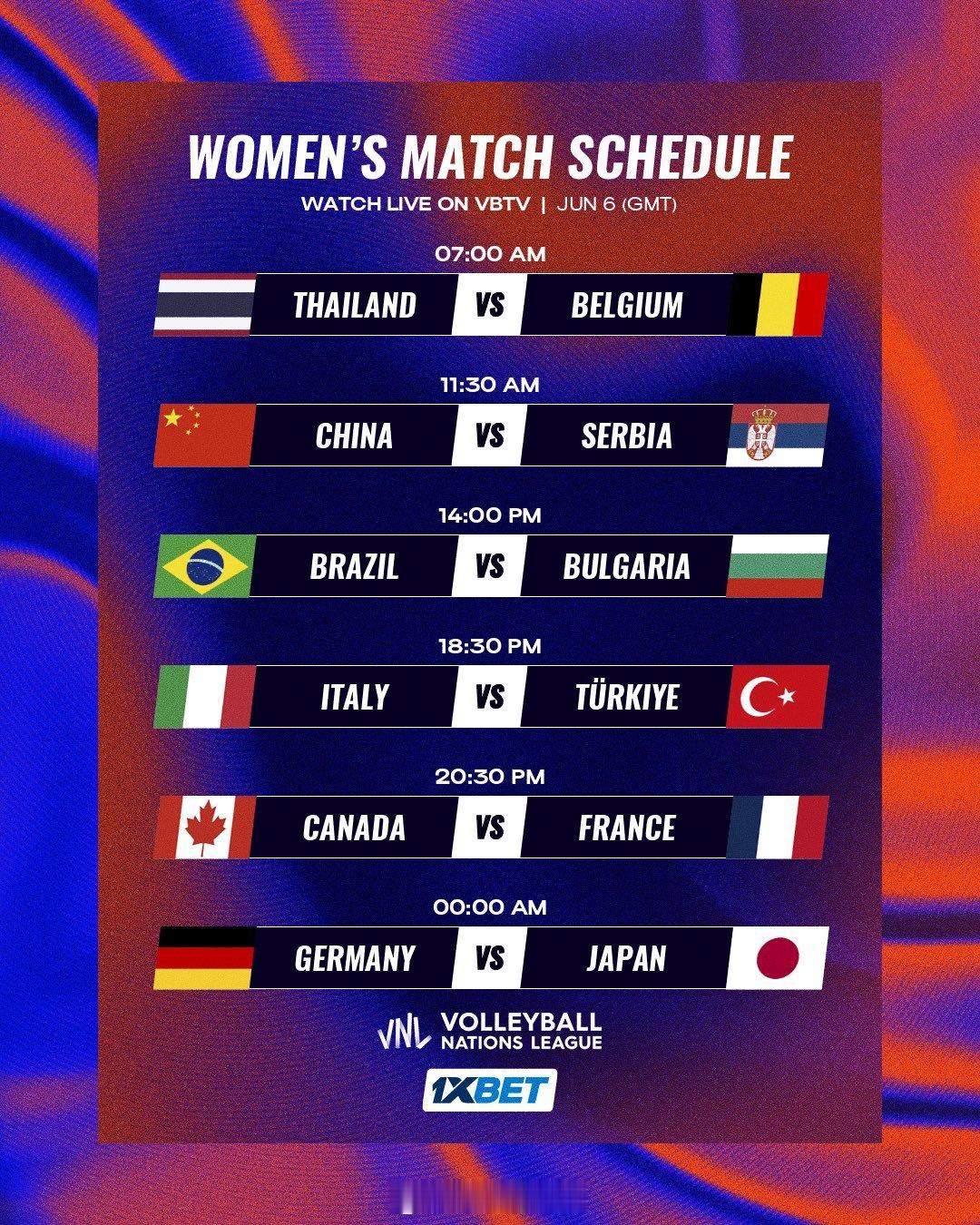 2026年世界女排联赛 第一周第四比赛日赛程安排6月6日15：00  泰国vs比