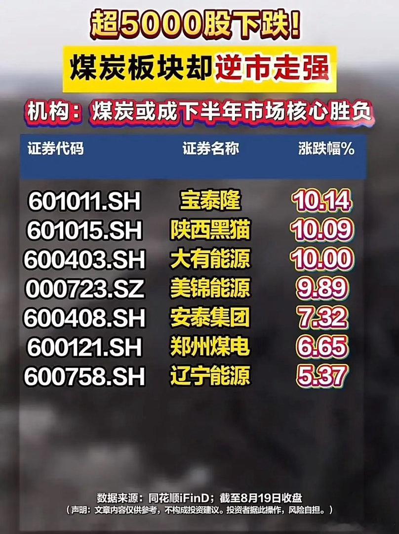 超5000家个股下挫！煤炭逆势爆发，这个方向要重视🌹大盘普跌行情之下，煤炭板块