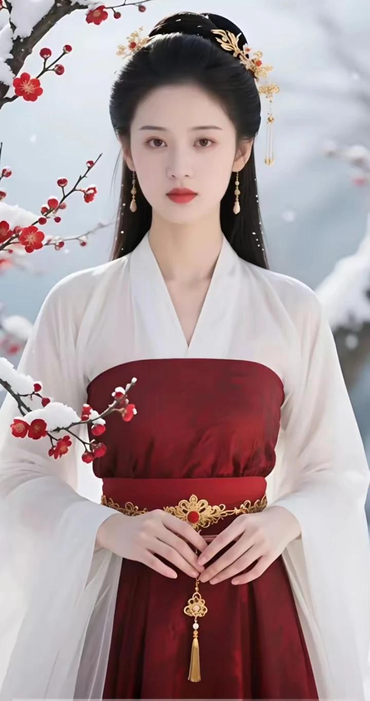 上联：红梅映面红妆俏，
下联:   白雪相依白雪情。