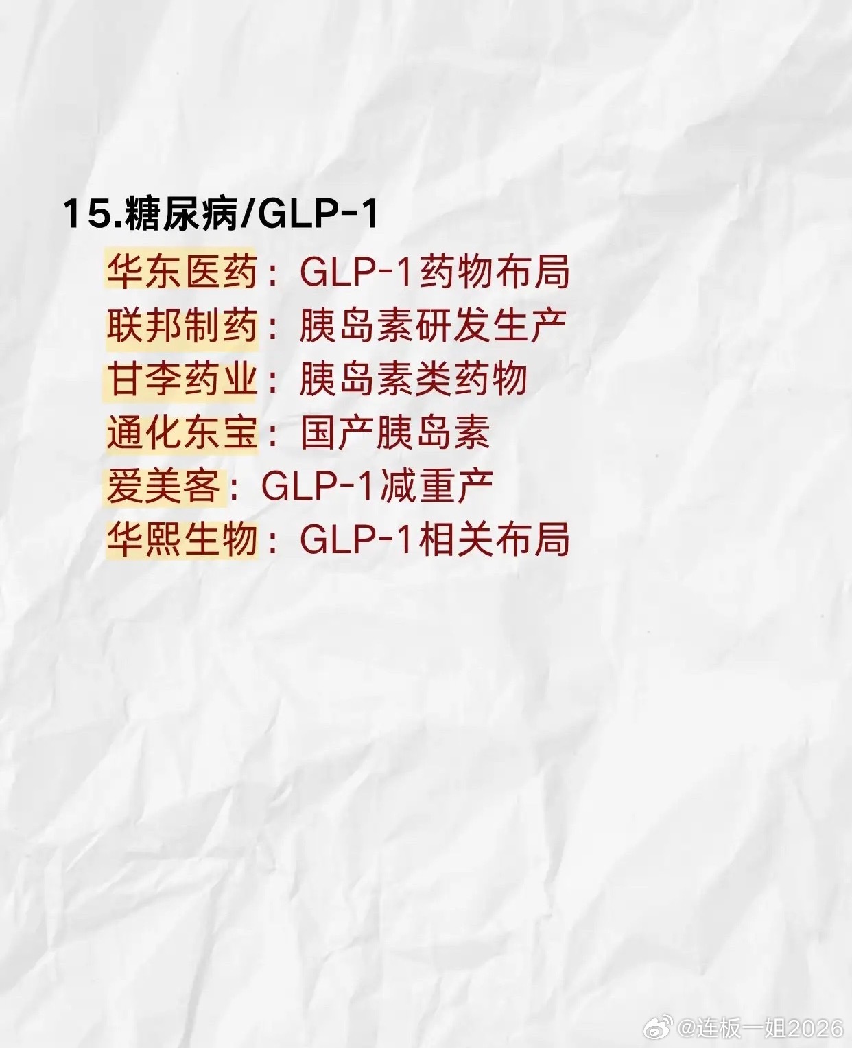 医药细分赛道梳理，覆盖创新药、器械、CXO、医美、GLP-1等十五大方向，各赛道