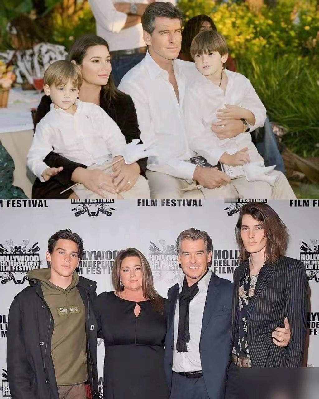 皮尔斯布鲁斯南与妻子和两个儿子，妻子如果不是因为生病发胖，一家子高颜值！ ​​​