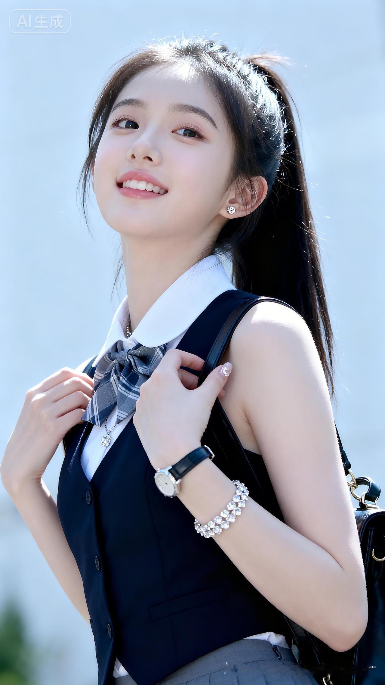 操场边低角度仰拍，18岁校服少女，瓜子脸冰瓷玉肌，微醺清透妆，钻石手环小包包，侧