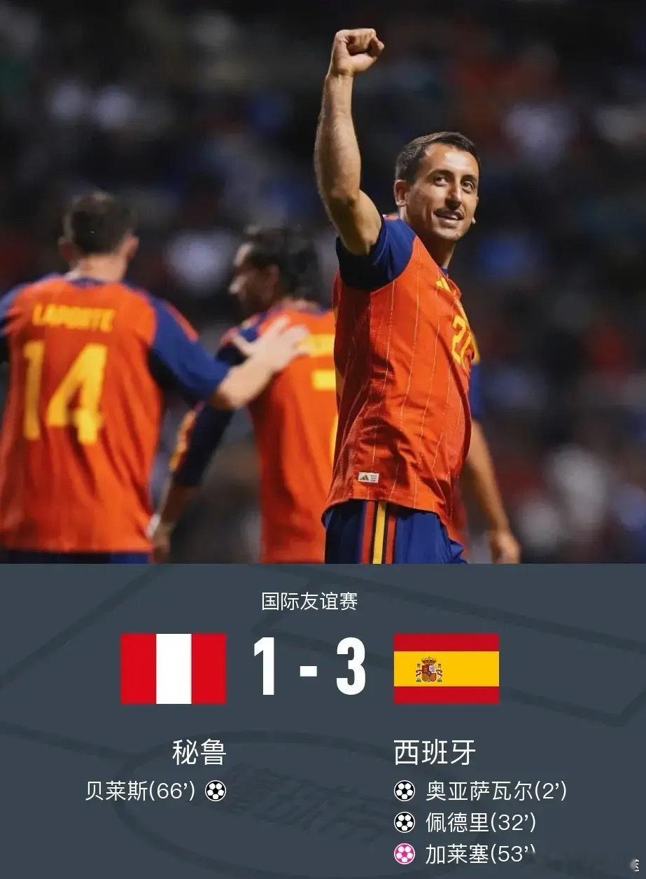 足球 北京时间6月9日，国际友谊赛，秘鲁对阵西班牙。奥亚萨瓦尔、佩德里分别破门，