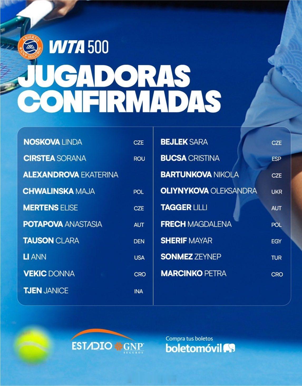 蒙特雷WTA500正赛名单（8.24 美网前一周）温网冠军诺斯科娃🇨🇿领衔，