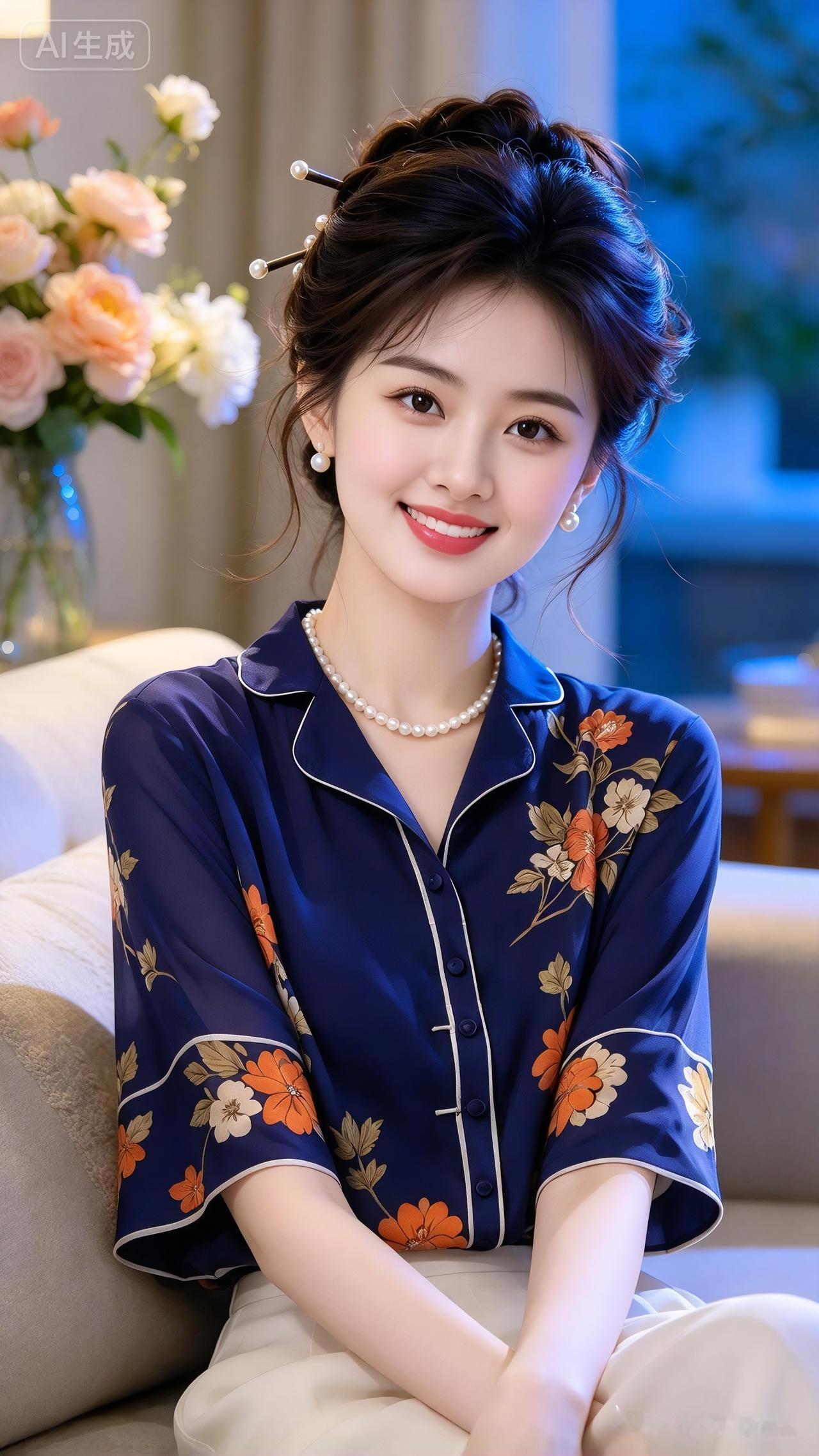 这位女士穿着睡衣，微笑着坐在沙发上。