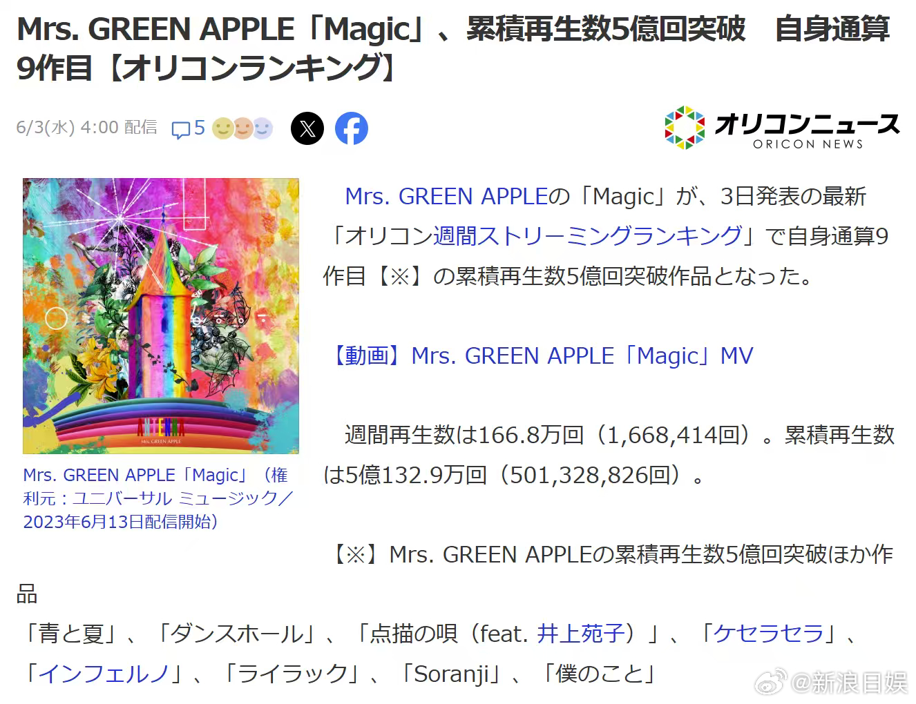 Mrs_GREEN_APPLE 的《Magic》在最新的“Oricon周度流媒体