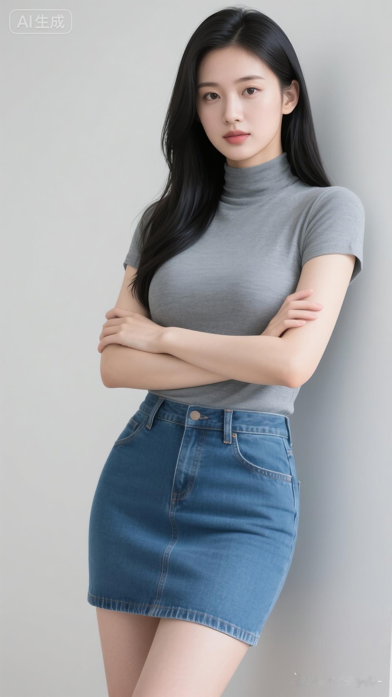 气质穿搭指南：灰色高领衫+牛仔短裙，简约而不失时尚感。