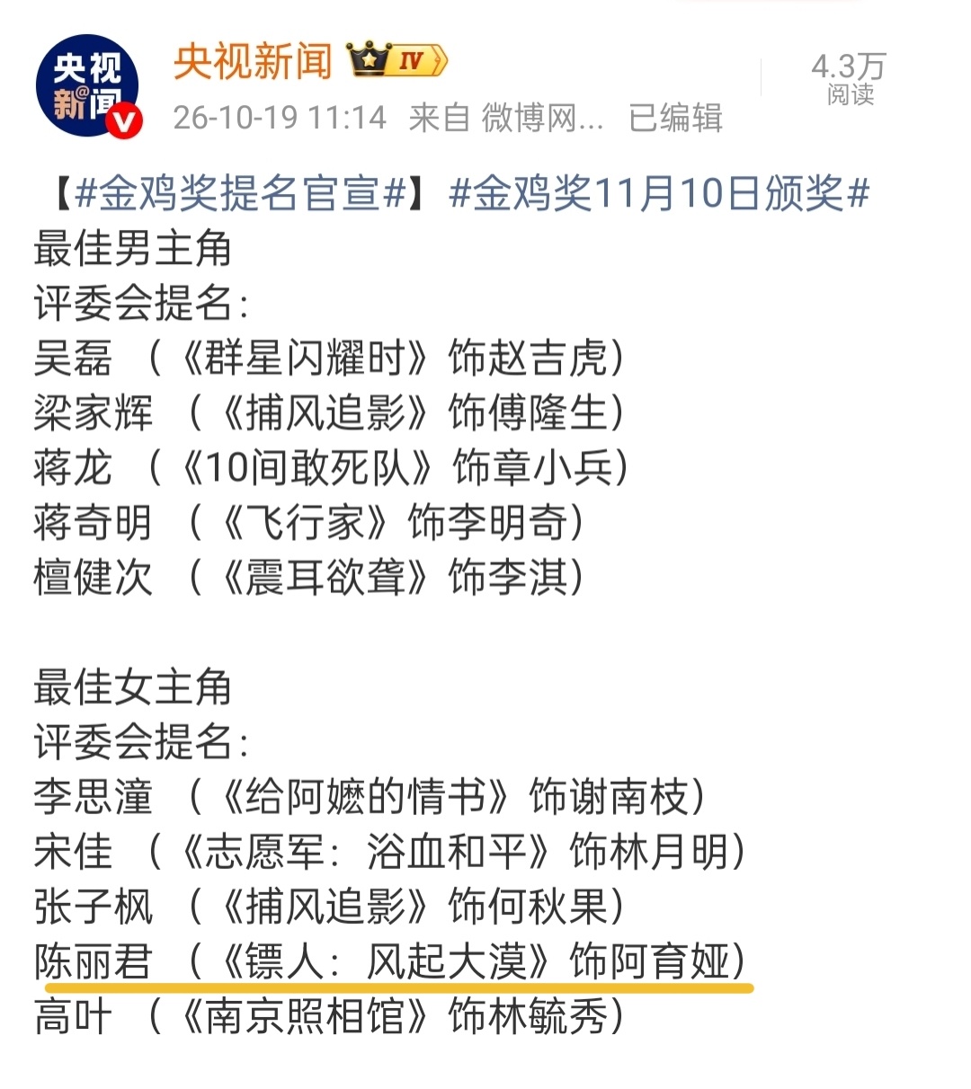 陈丽君提名金鸡奖第39届中国电影金鸡奖提名名单公布[哇]陈丽君 凭《镖人：风起大