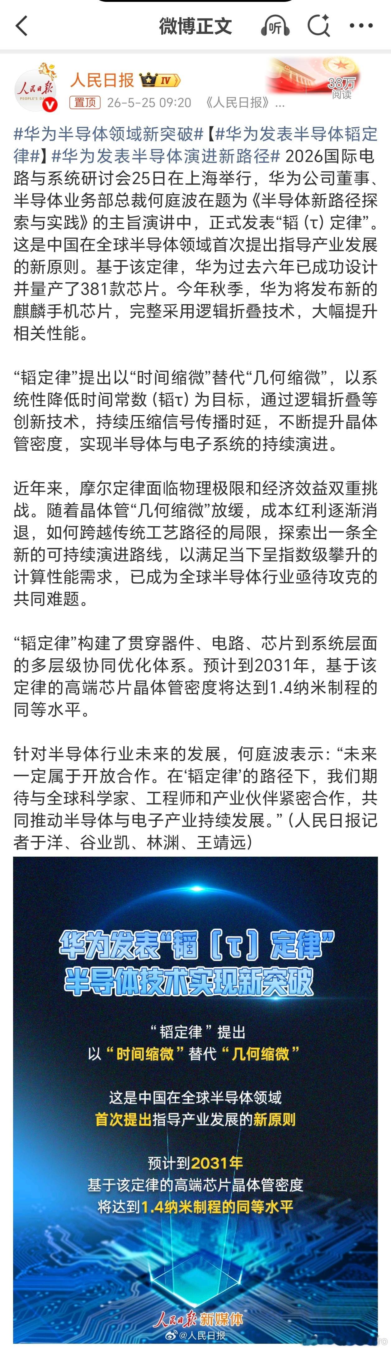 华为半导体领域新突破划重点：预计到2031年，基于该定律的高端芯片晶体管密度将达
