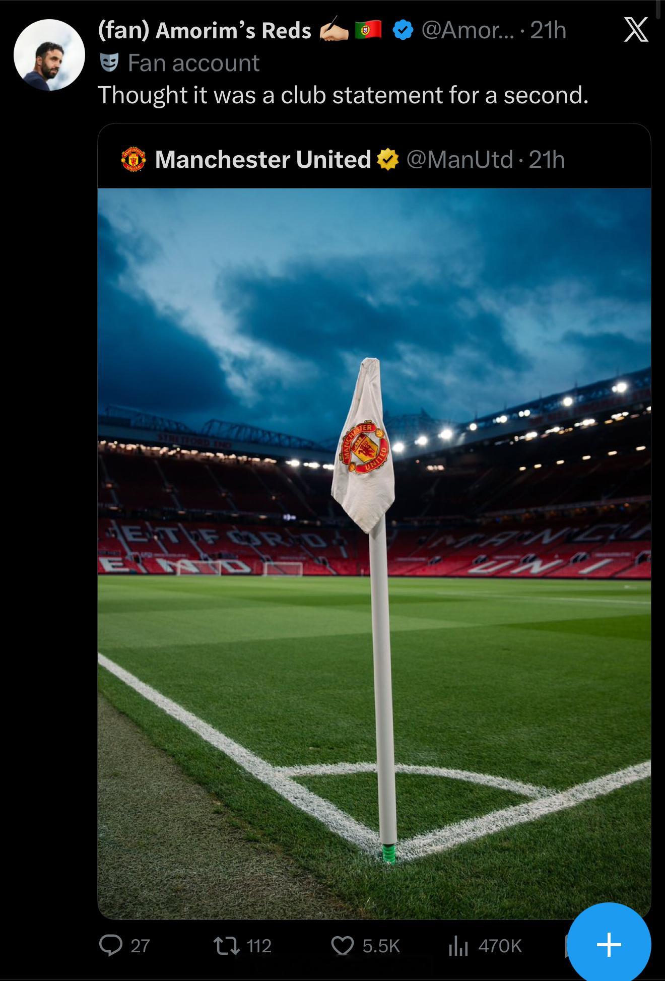 曼联球迷：官推这配图，打眼看以为是发俱乐部声明了（阿莫林下课）