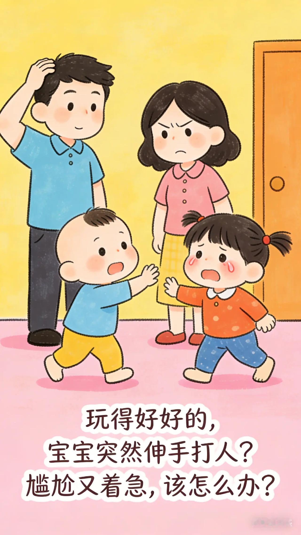 婴幼儿情绪引导：4.宝宝打人怎么办。宝宝在和小朋友玩耍时，突然伸手打人，家长尴尬