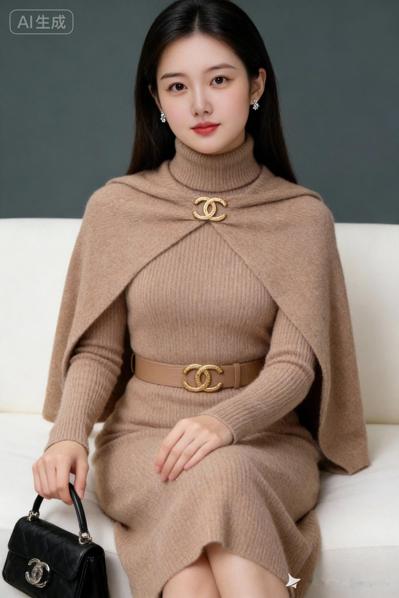 冬日穿搭指南：温暖米色毛衣裙搭配时尚香奈儿耳环和包包，优雅又舒适。