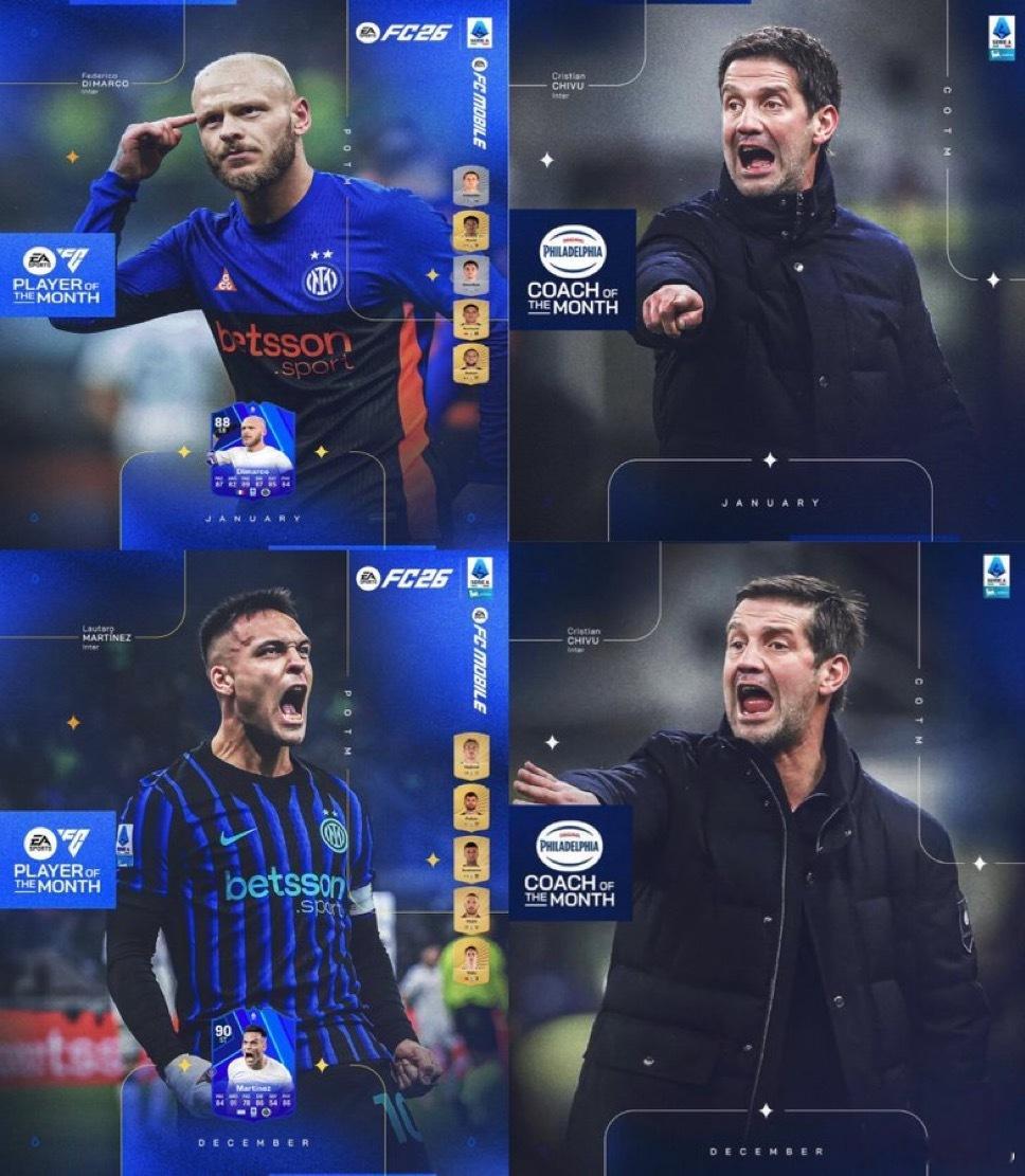 从12月到1月 这两个月的意甲最佳球员和教练都归属国际米兰国际米兰2比1都灵国际