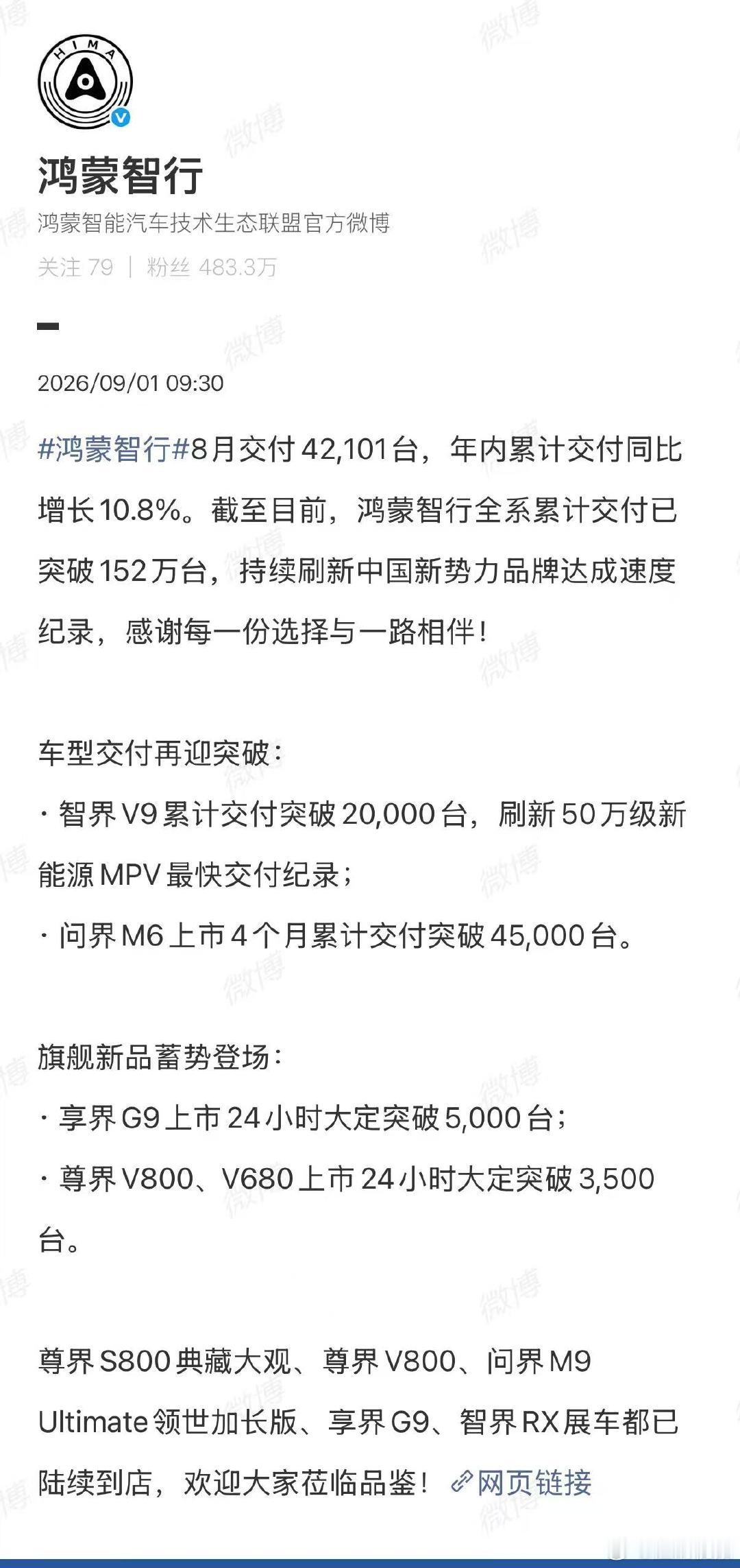 【鸿蒙智行8月交付42101辆】鸿蒙智行8月交付车辆42101辆9月1日，公布8