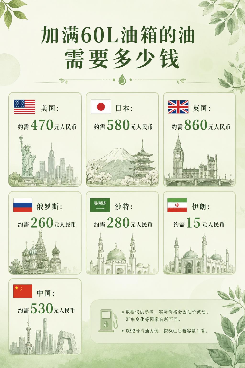 加满60L油箱的油需要多少钱？
美国：约需470元人民币
日本：约需580元人民