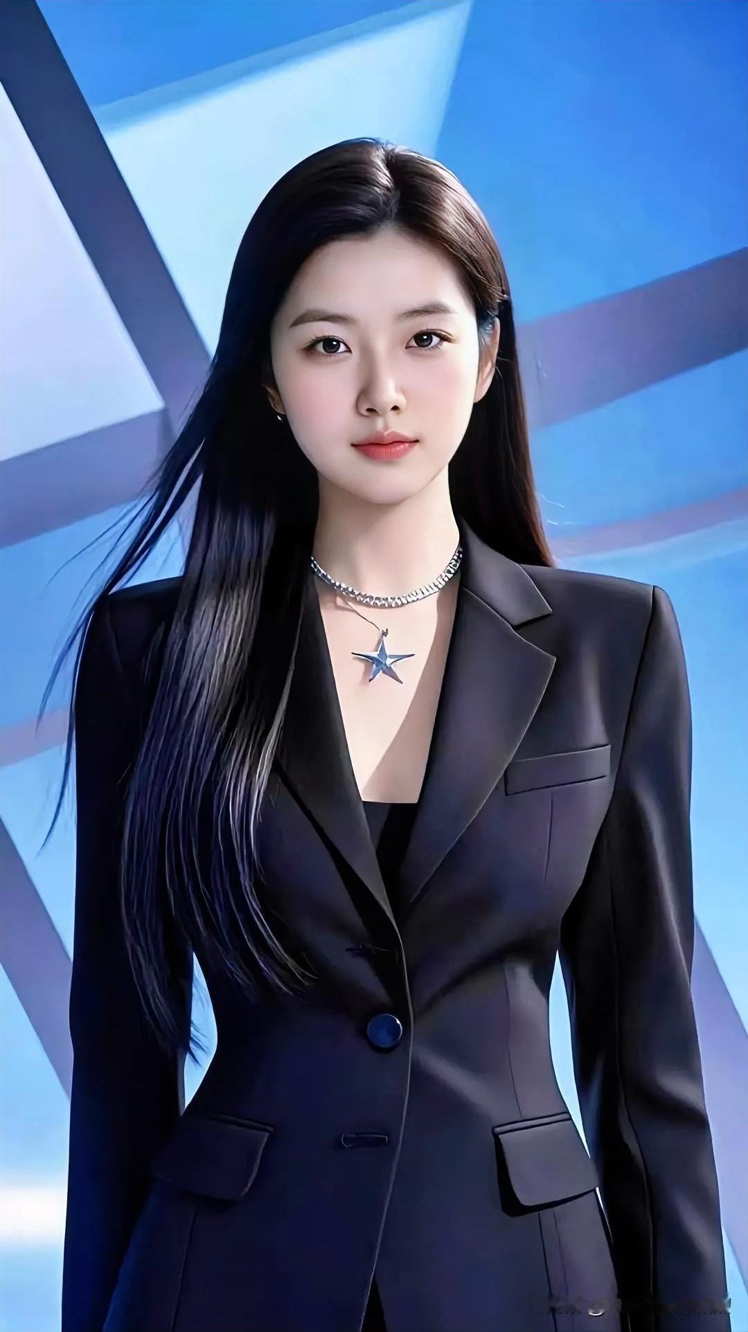 星光织颈间，黑西装衬从容，眼眸藏星海。
