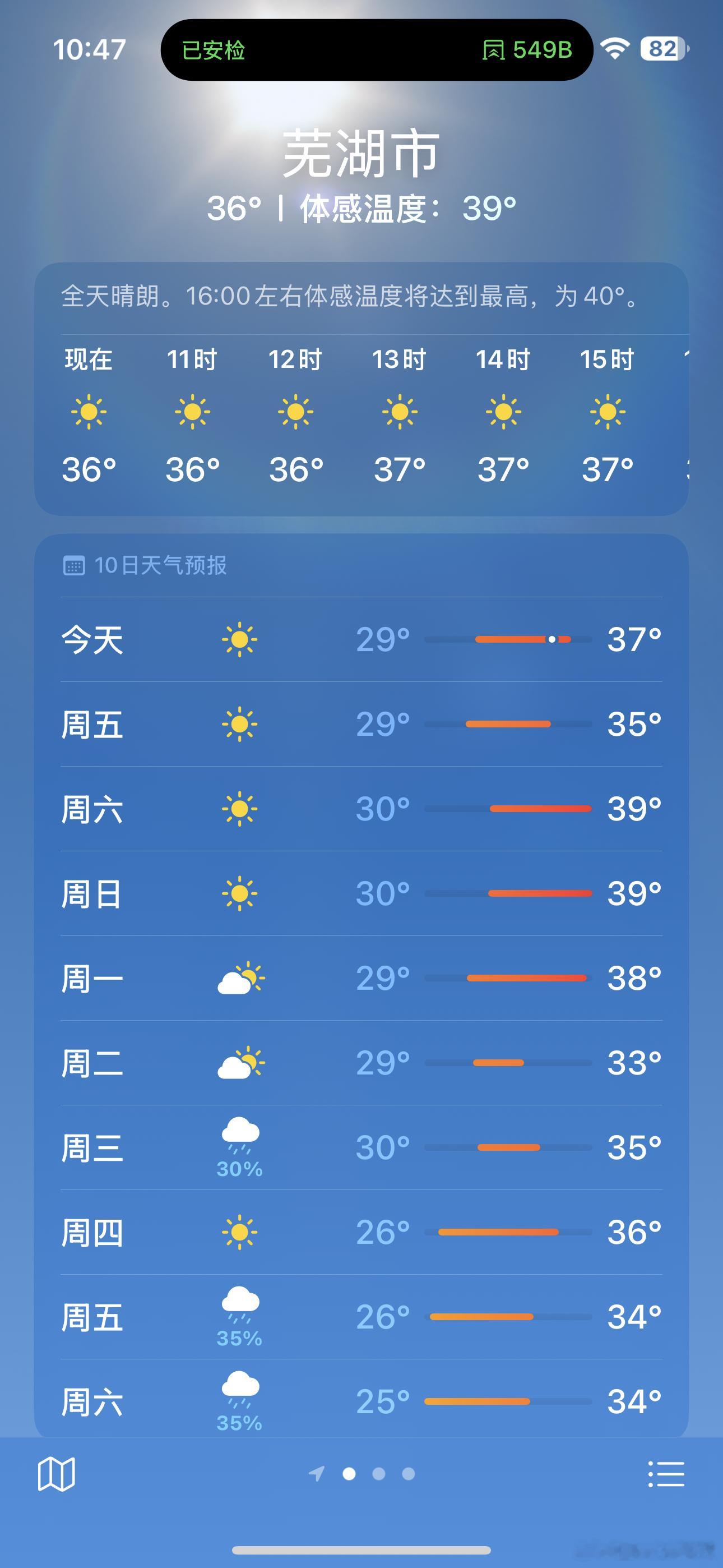 气温预报图热成一片了芜湖最高温度39℃…… ​​​