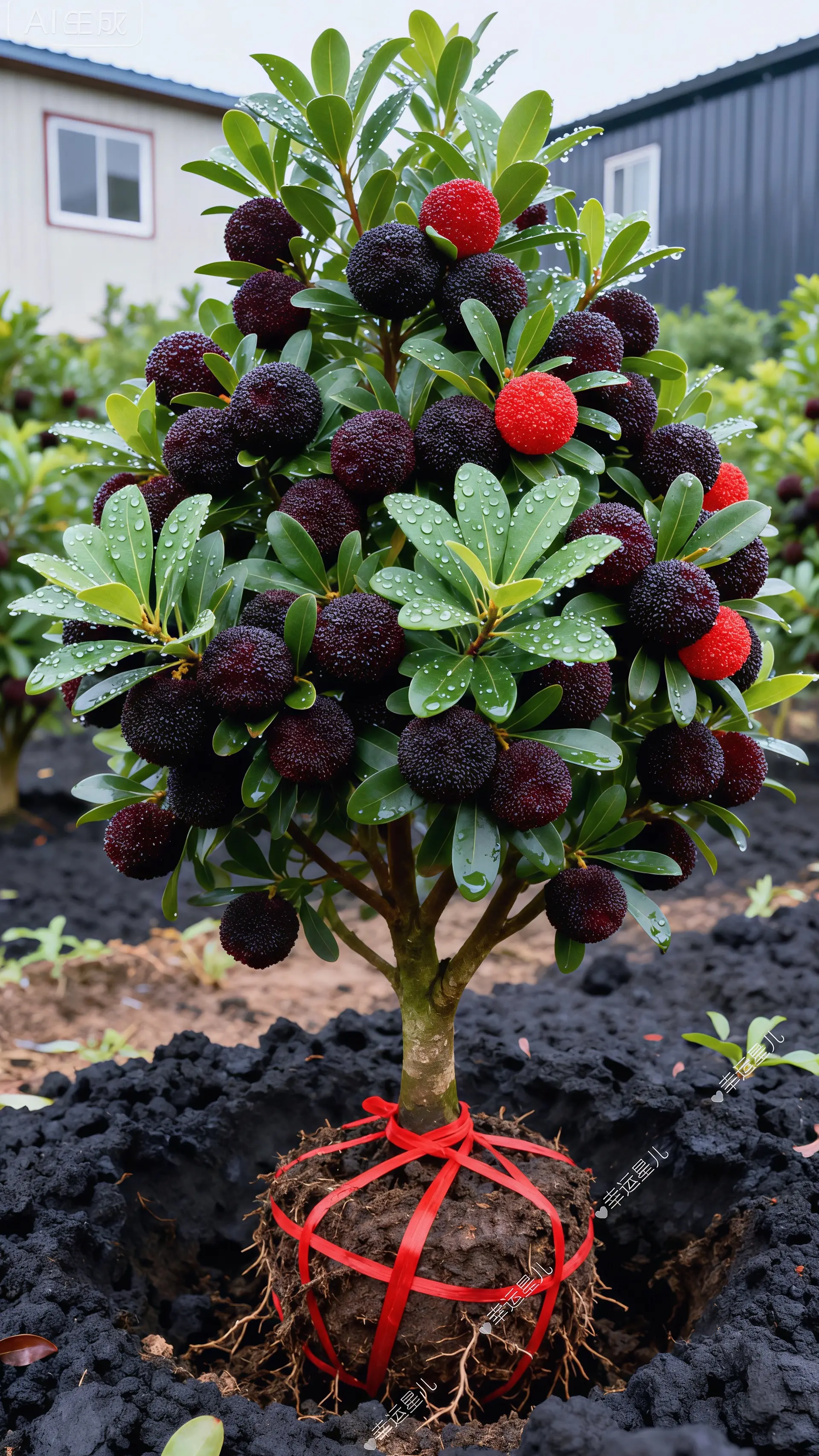 小院枝头缀满了黑炭大杨梅，颗颗乌黑油亮、饱满圆润，像一颗颗黑玛瑙镶嵌在...