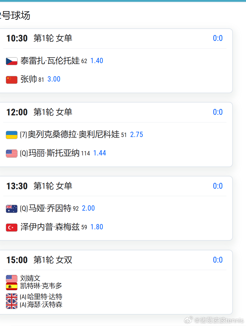 WTA250大阪 明天比赛赛程🎾 张帅上午10点半出战，一起加油！【中心球场】