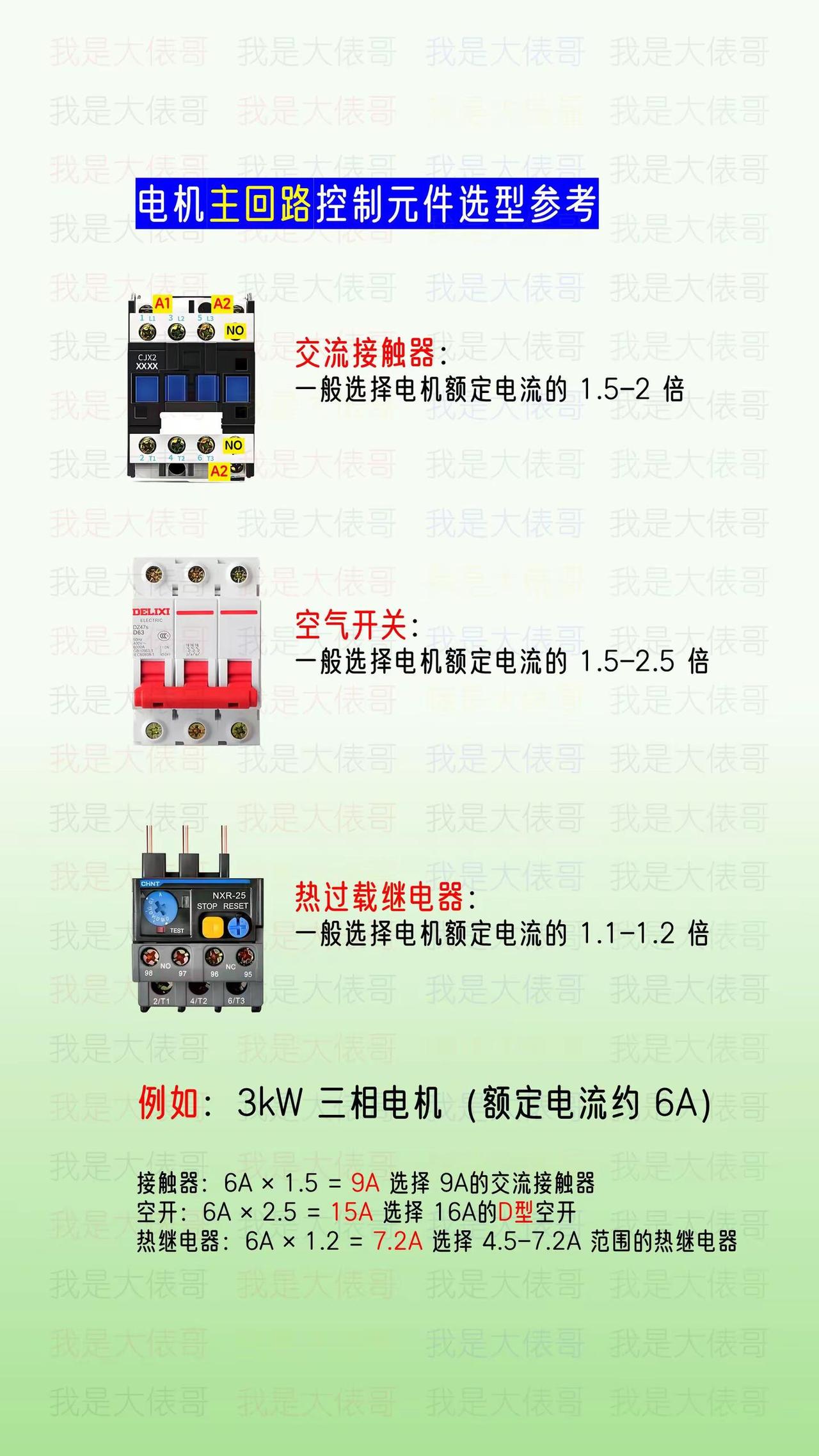 三相电机主回路控制元件选型参考。三相电机 电工 空气开关 热过载继电器