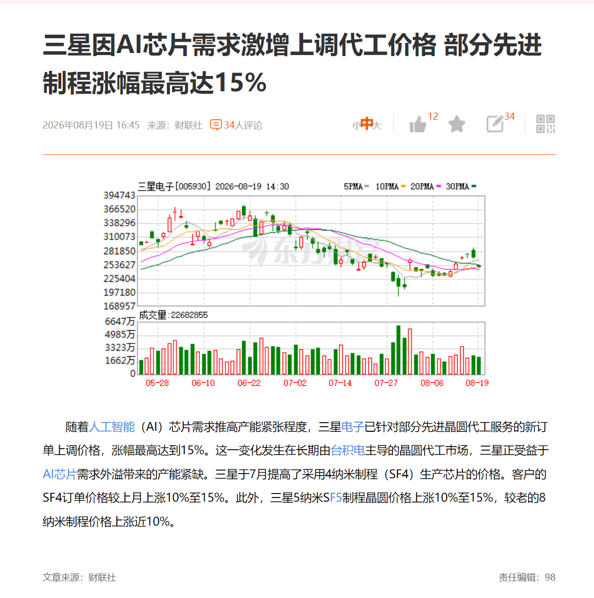 三星因AI芯片需求激增上调代工价格 部分先进制程涨幅最高达15% 