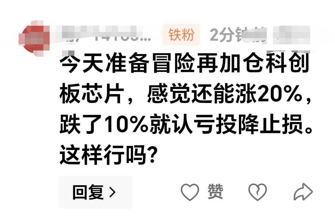 基金：今天准备冒险再加仓科创板芯片，感觉还能涨20%，跌了10%就认亏投降止损。
