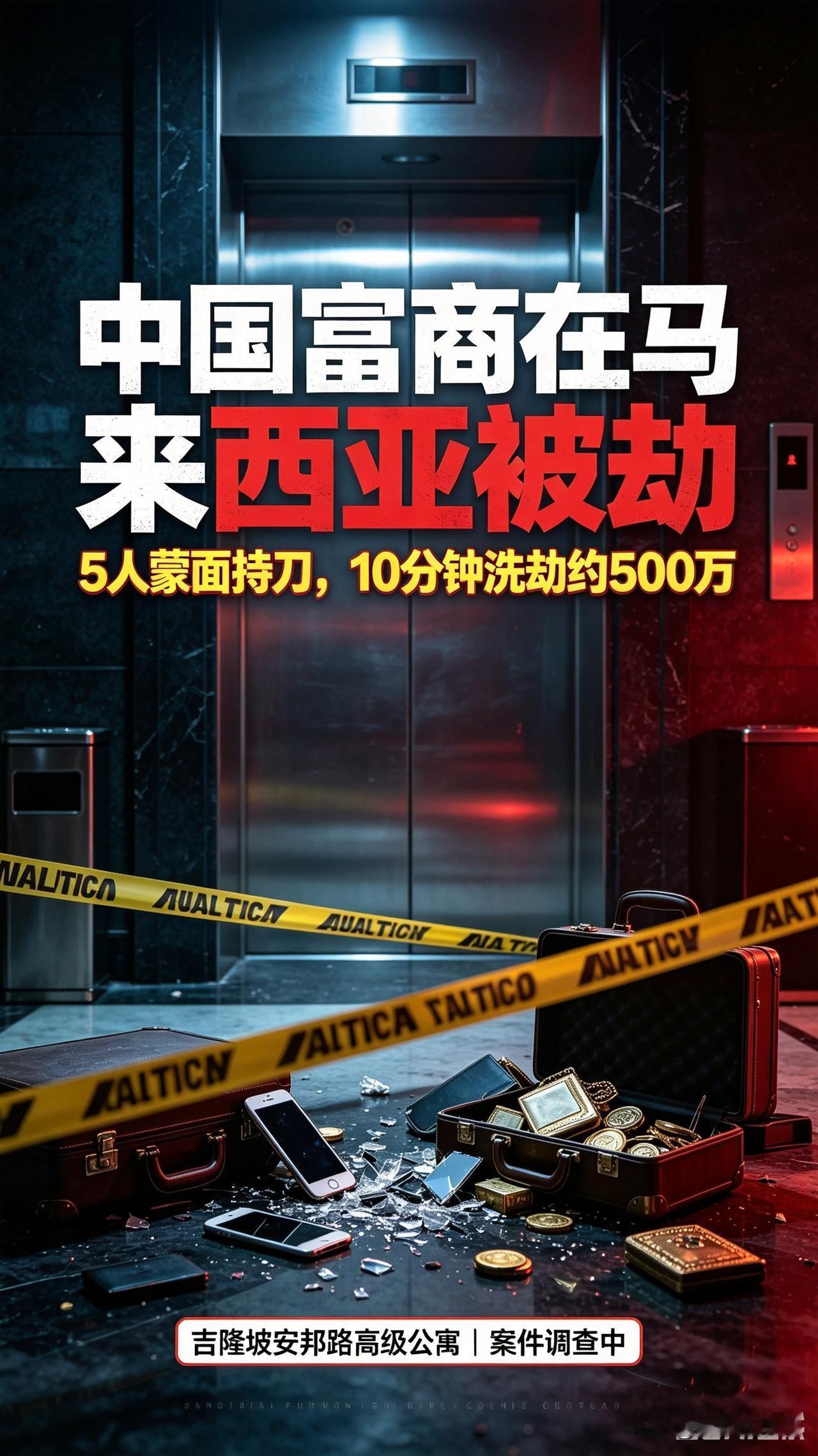 5劫匪蒙面持刀闯入马来西亚高级公寓，10分钟洗劫中国富商500万财物
 
当地时