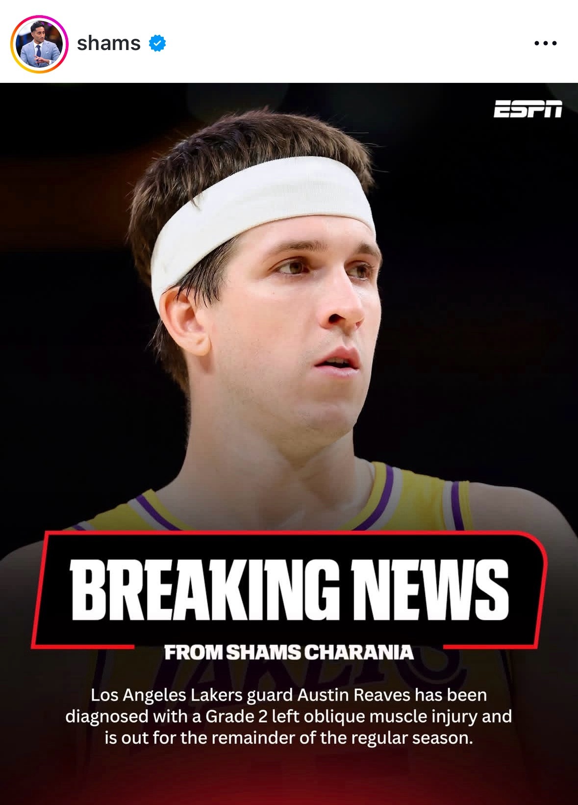 Shams：里夫斯常规赛报销！因2级斜肌损伤，预计将缺席4到6周。里夫斯和东契奇