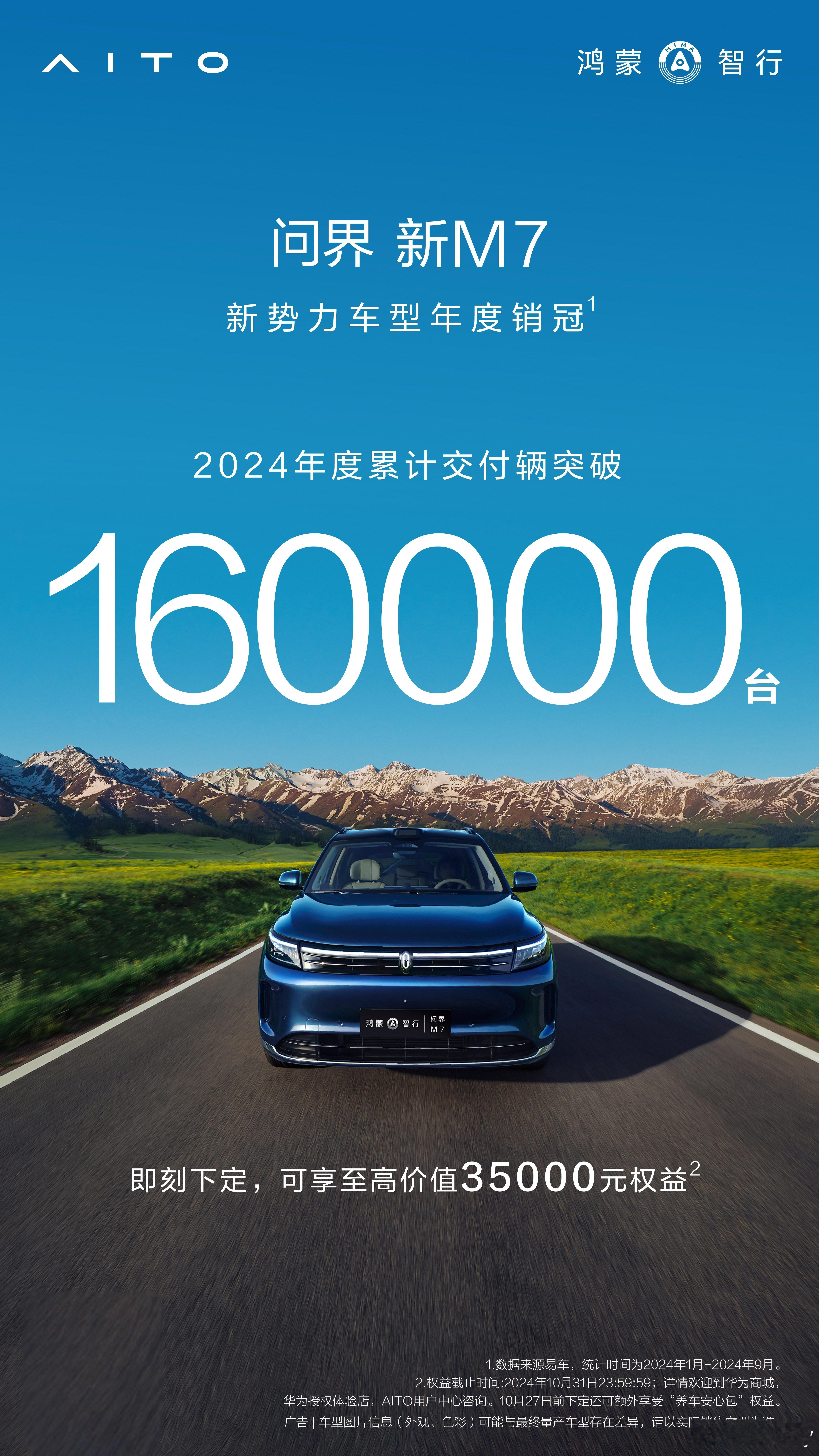鸿蒙智行国民SUV#问界新M7#  2024年度累计交付量突破16万辆，持续霸榜