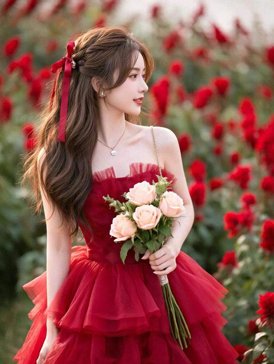 红衣美人倚花丛
