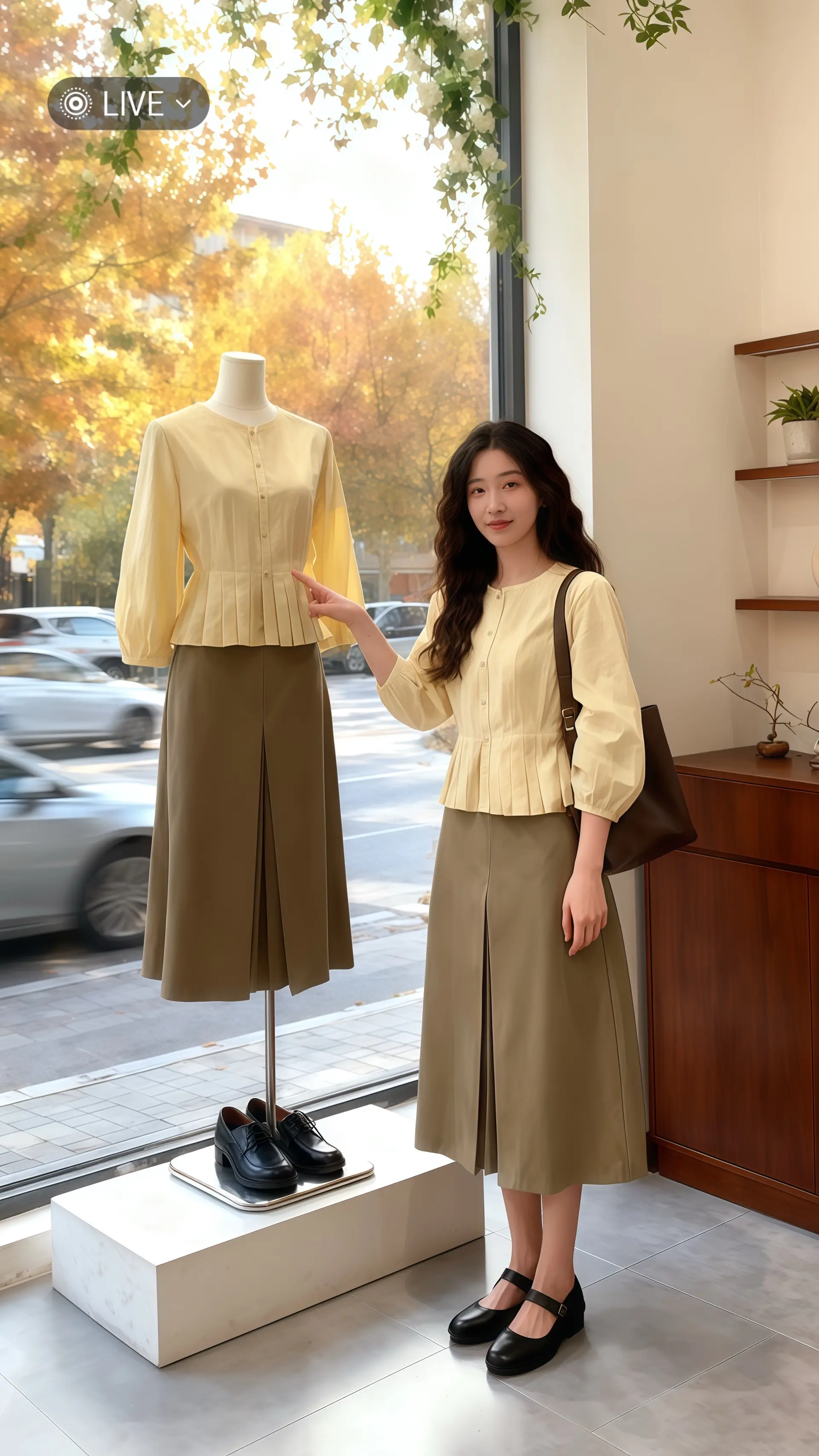 她穿着时尚休闲百褶衬衫两件套，米黄色衬衫的褶皱设计灵动俏皮，搭配高腰半...