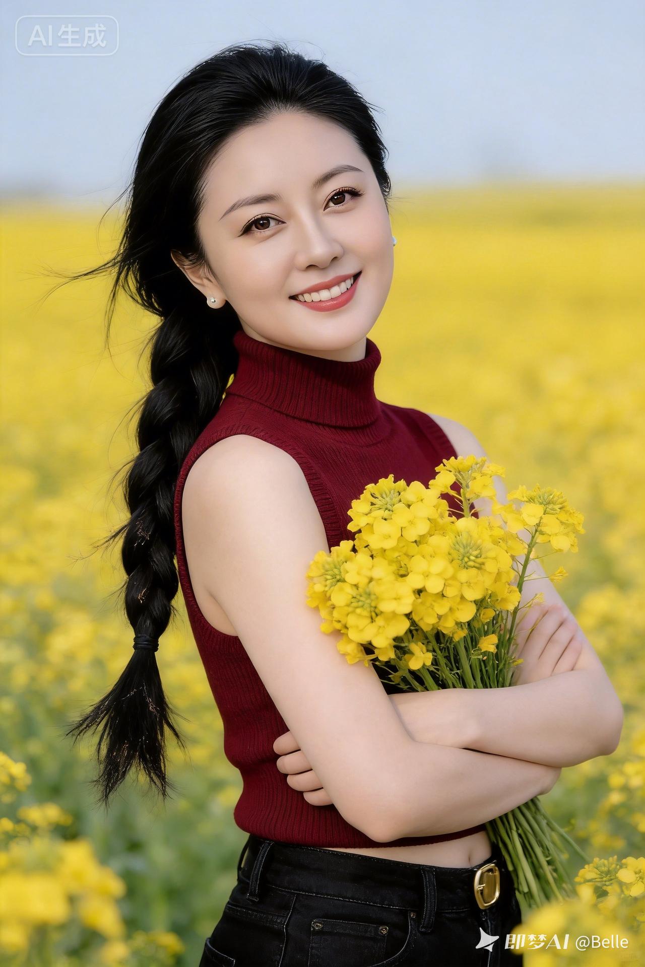 阳光下的花海，微笑的女孩，春天的气息！