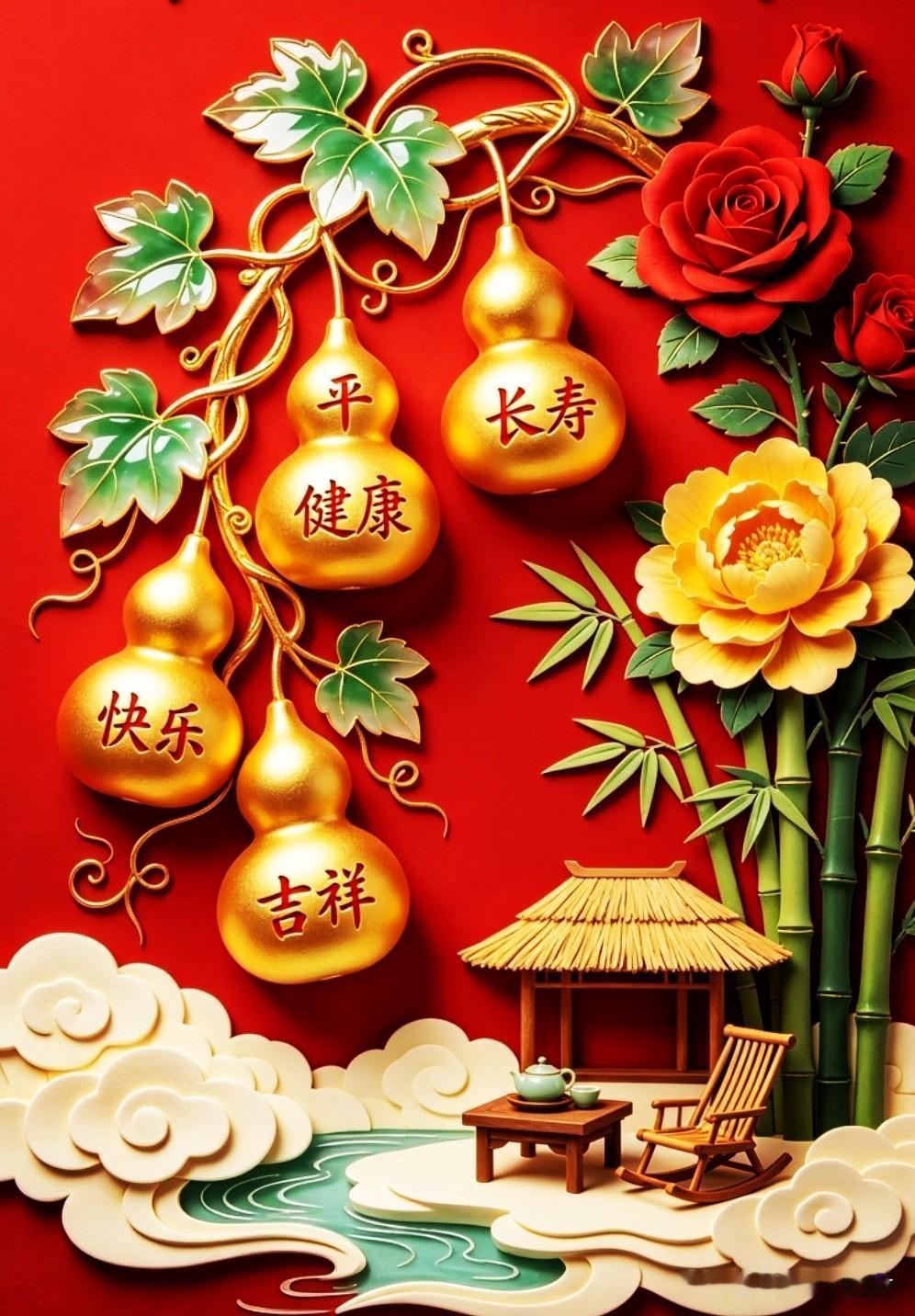 金葫挂蔓携福禄，
翠竹繁花佑安康。