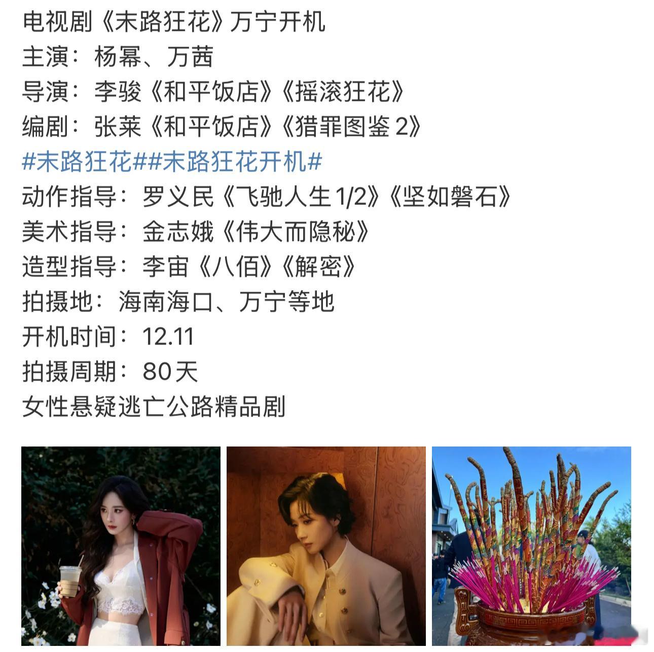 杨幂万茜主演的电视剧《末路狂花》已于昨日在海南万宁低调开机，超豪华电影级班底，幂