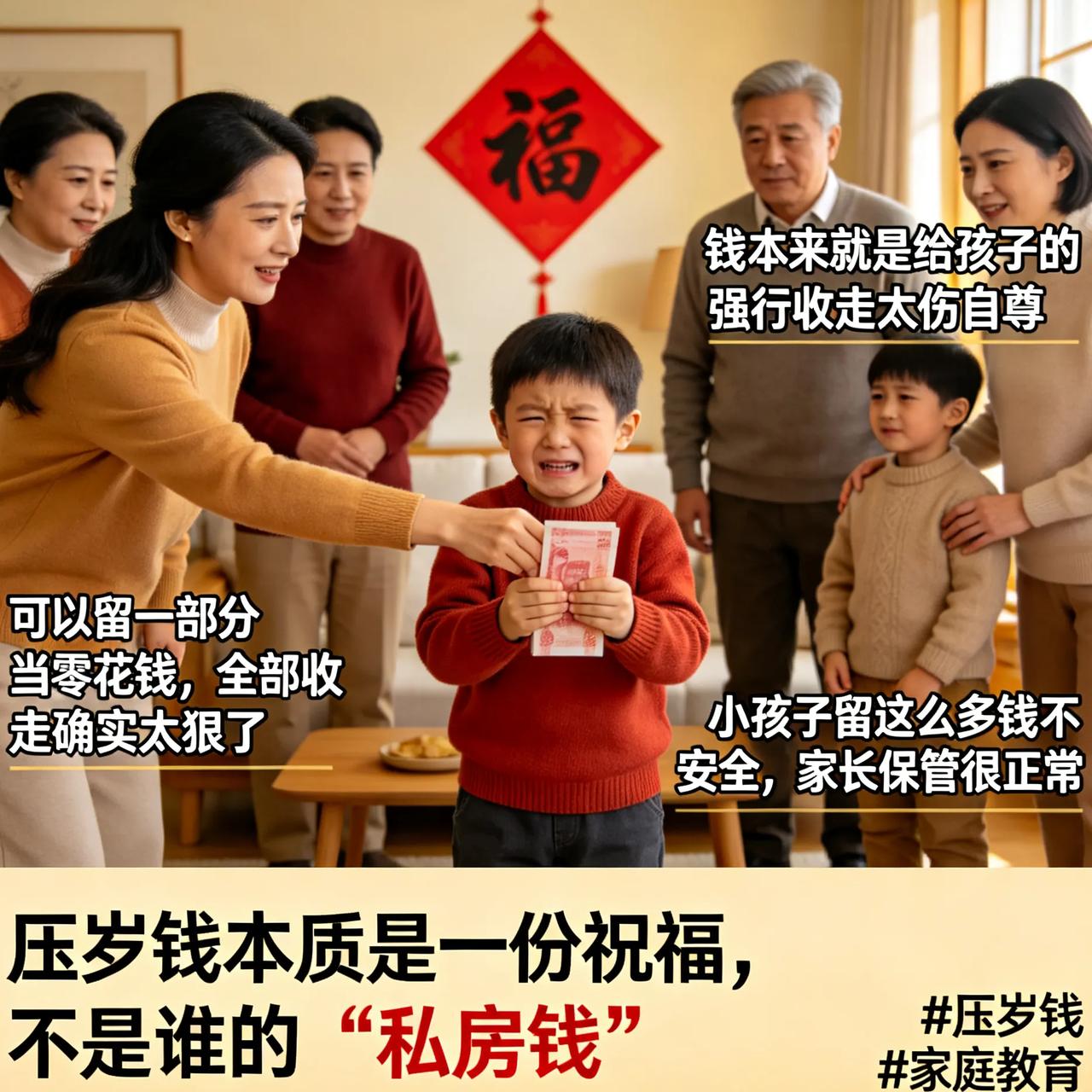 妈妈要收走2万压岁钱，孩子当场翻脸！网友吵翻了
 
注意看！过年孩子收了2万压岁