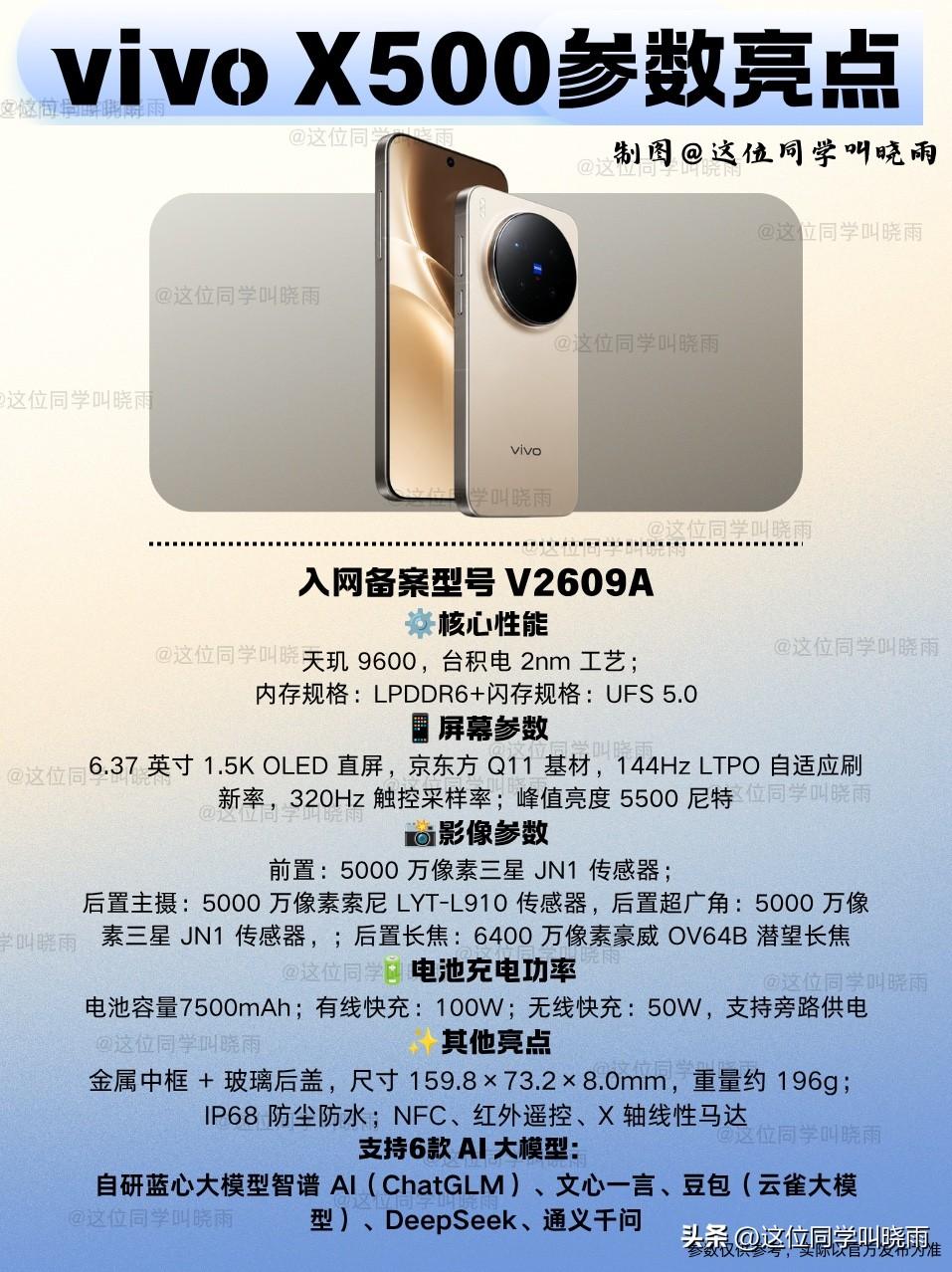 各家的旗舰机都开始申请入网了，其中最吸引我目光的就是vivo X500的入网信息