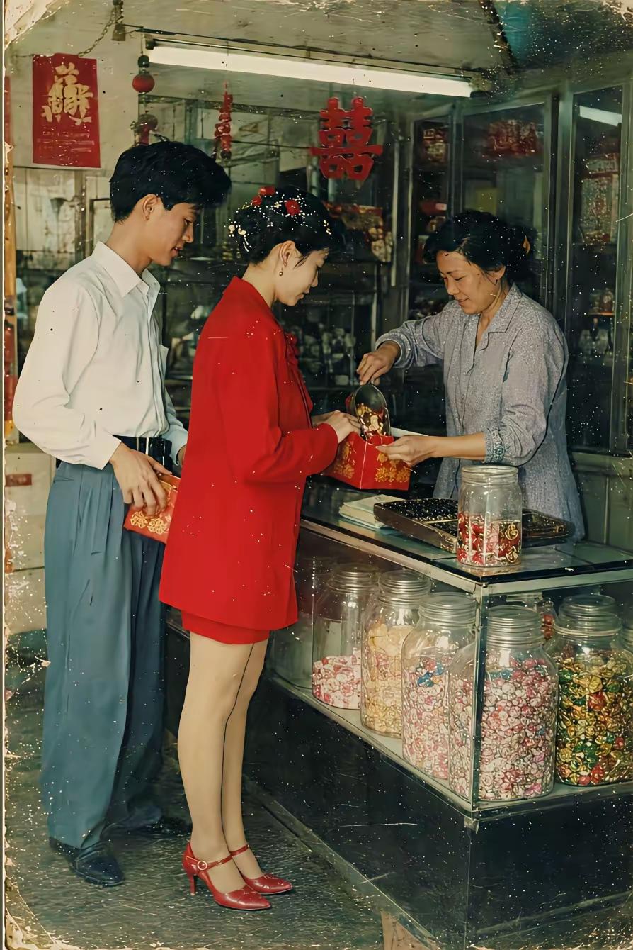 《新婚购物》
精选吉日佳，
穿红头带花。
婚期以然至，
喜糖待大家。