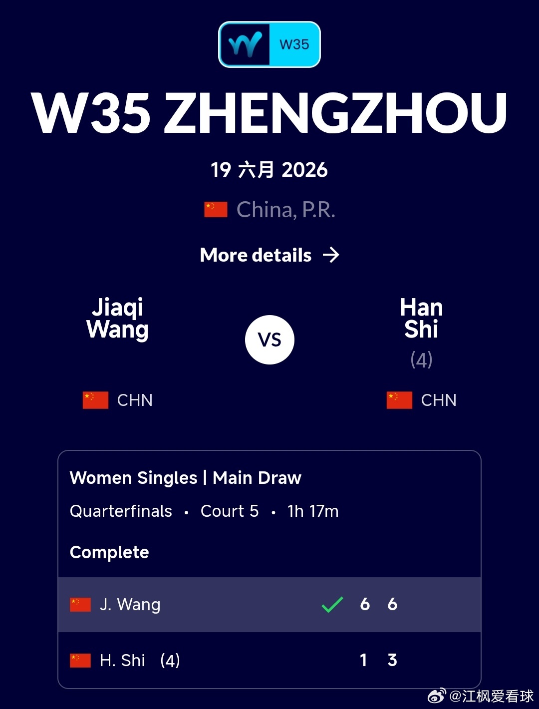 W35郑州站🇨🇳女单8进4王佳祺🇨🇳6-1/6-3战胜施晗🇨🇳朱宸汀