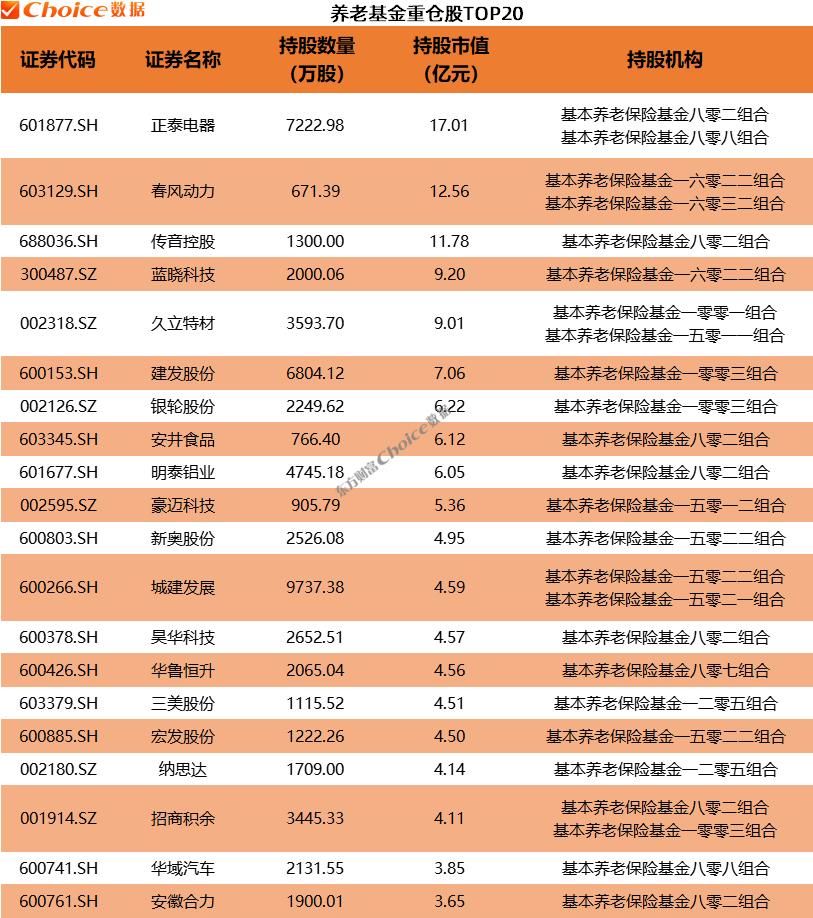 2025年一季度养老金机构重仓股前20，分别有正泰电器、春风动力、传音控股等。
