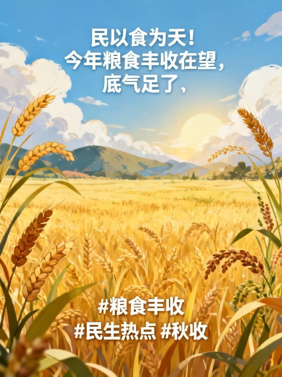 标题：民以食为天！今年粮食丰收在望，底气足了
好消息！今年我国粮食丰收在望。一粒