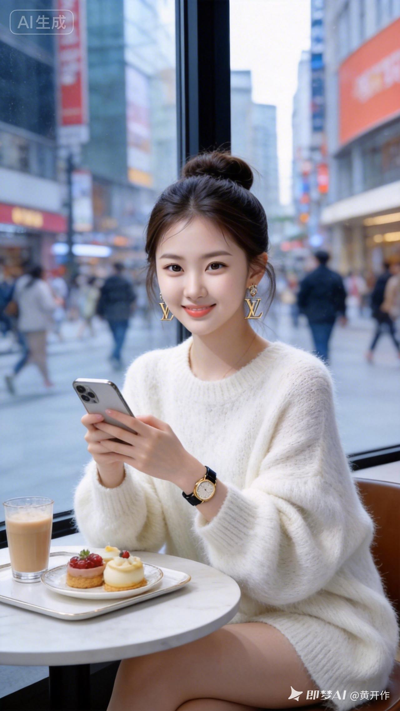 近景特写，20岁美女晓娟利落新娘盘发，身着高档马海毛毛衣，轻奢配饰精致夺目，手持