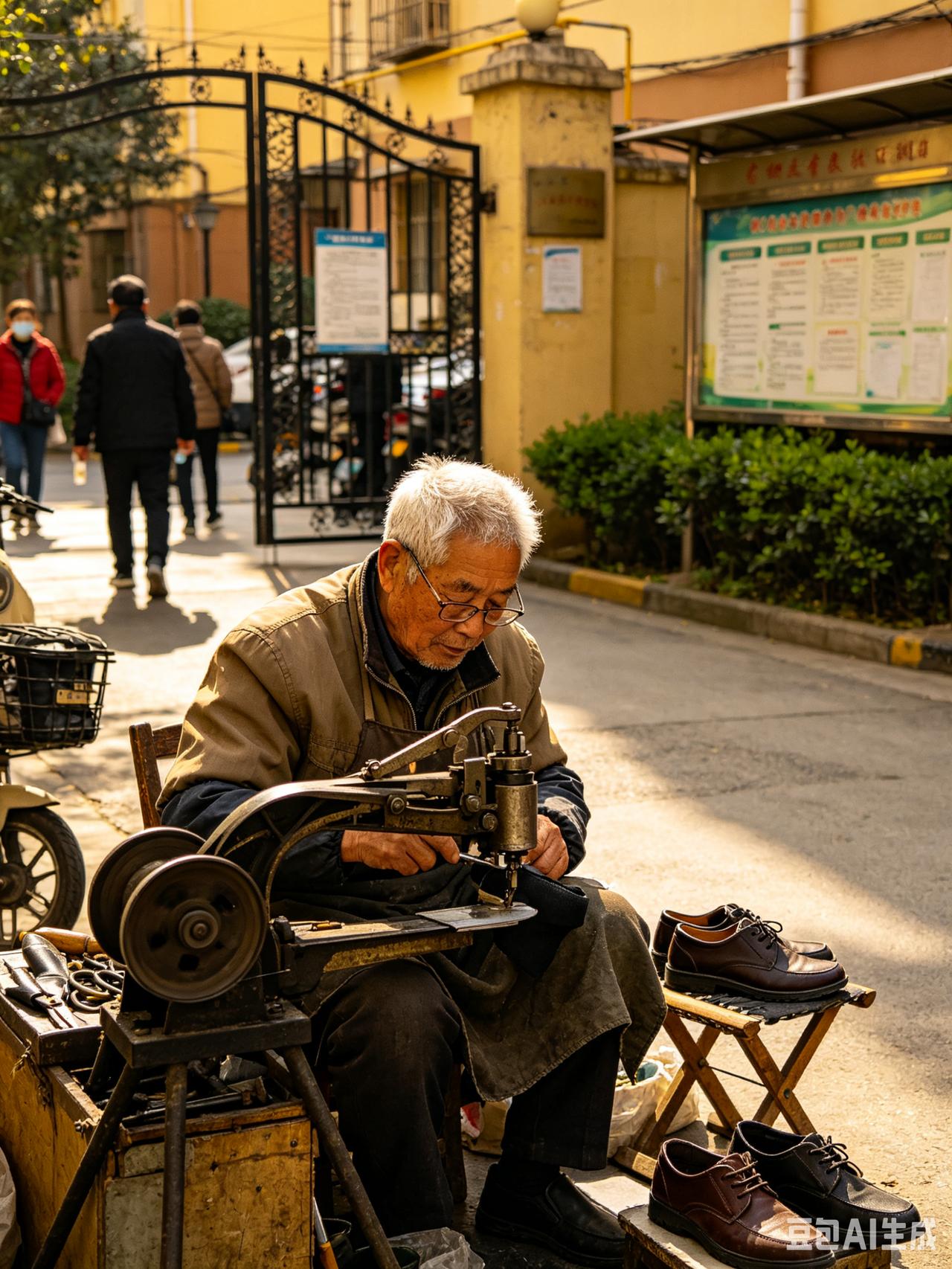 安稳
 
小区门口的修鞋摊，扎扎实实摆了十五年。老张的小马扎磨得油光锃亮，锥子、