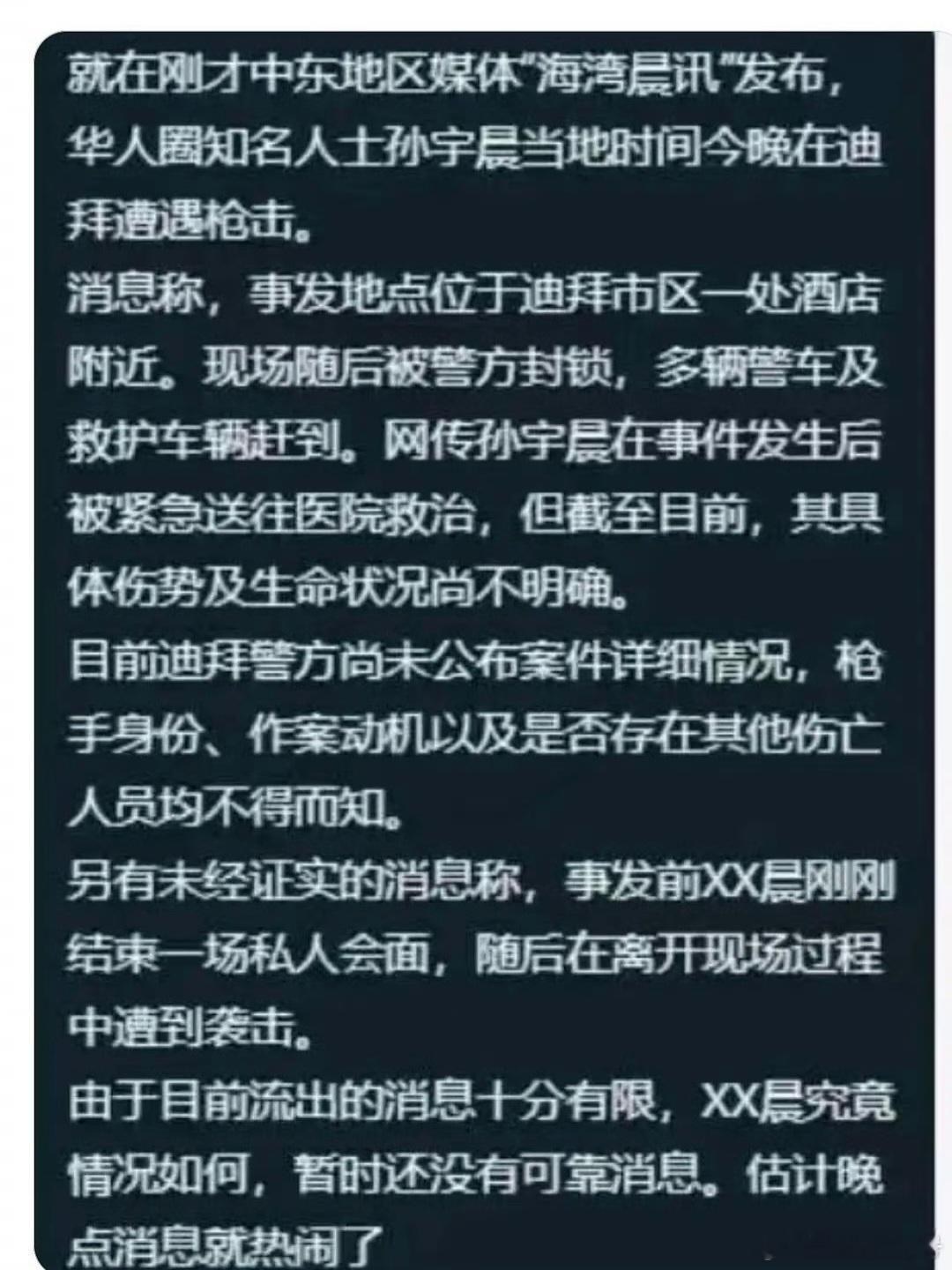 曝孙宇晨遭遇枪击孙宇晨遭遇枪击 网传孙宇晨在迪拜酒店附近遇枪击，事发后救护车赶往