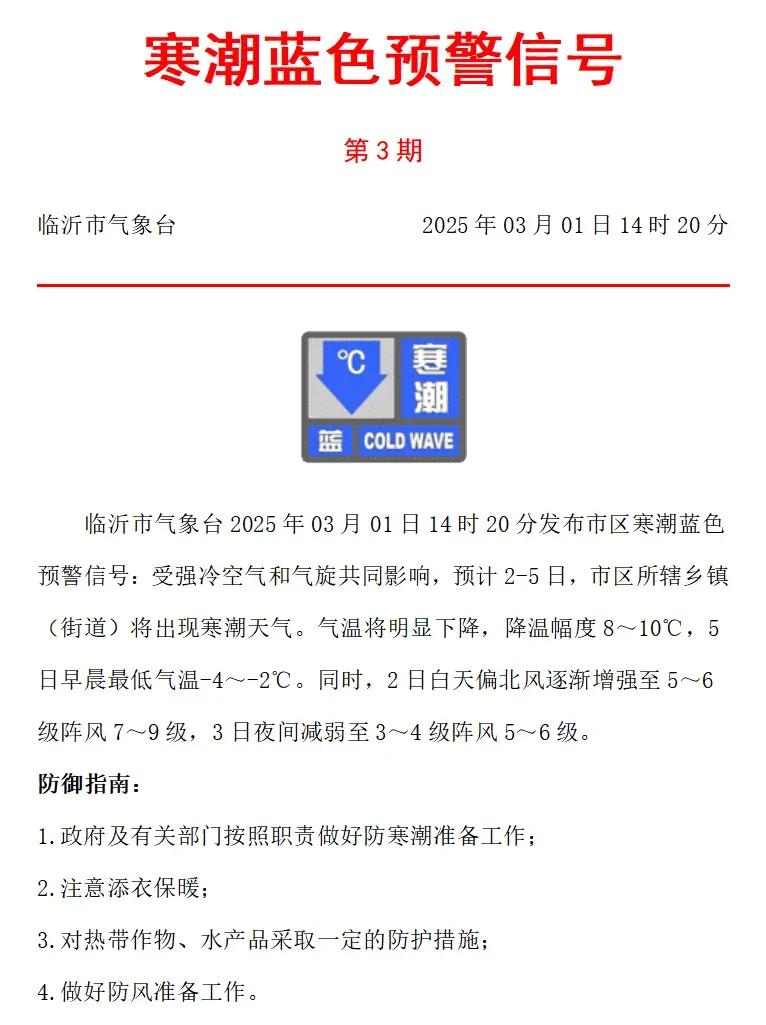 寒潮马上到！中雨局部大雨！刚刚，临沂发布预警
    2025年03月01日14