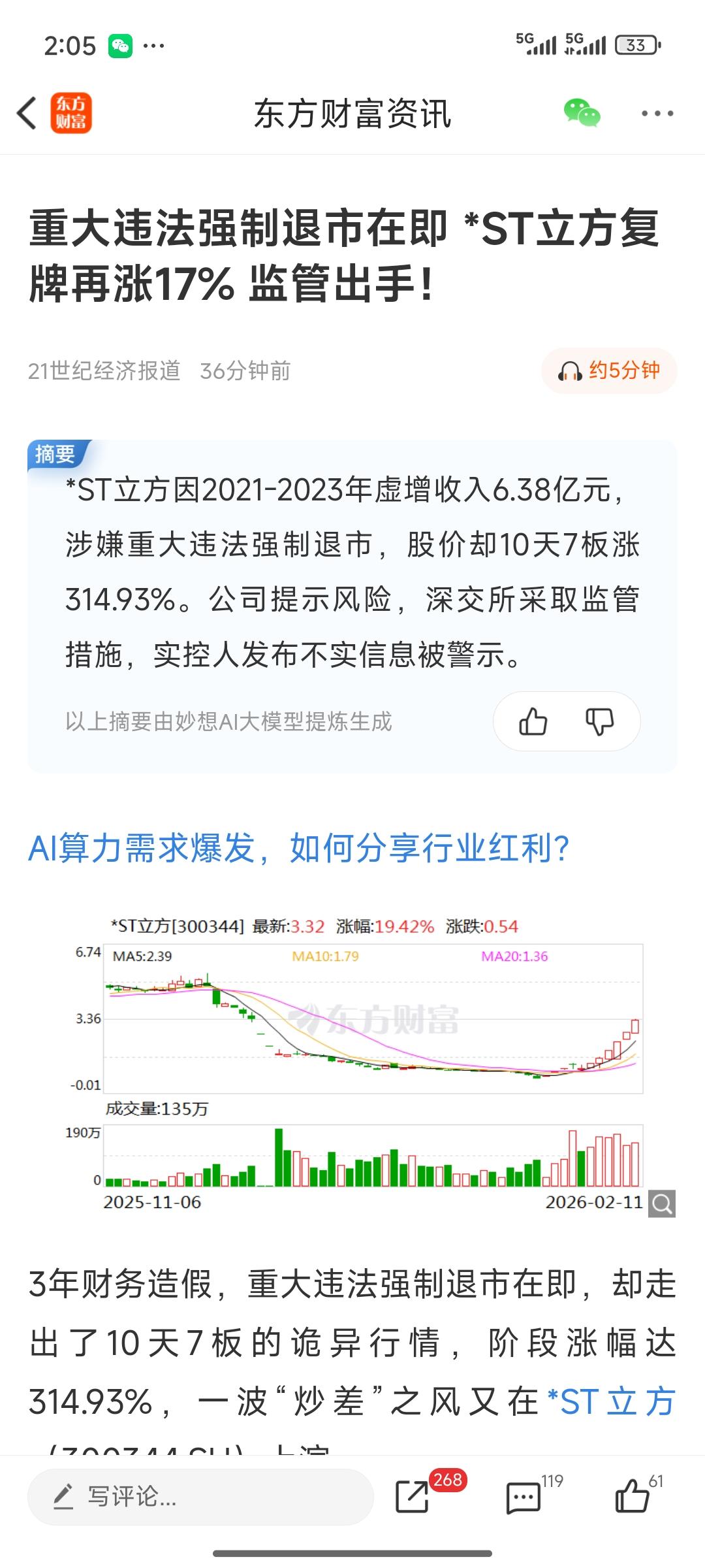 这是最后的疯狂吗？ST立方因严重造假，面临强制退市风险，可近几天却每日拉20%涨